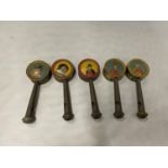 FIVE VINTAGE TINPLATE WHISTLES