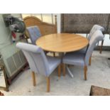 A MODERN OAK EXTENDING DINING TABLE, 47" DIAMETER (LEAF 16") AND FOUR DINING CHAIRS