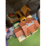 VARIOUS TOYS TO INCLUDE A FISHER PRICE DOLLS HOUSE, BOOT HOUSE AND BUSES ETC
