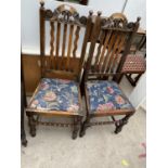 A PAIR OF JACOBEAN STYLE OAK DINING CHAIRS WITH BOBBIN STRETCHERS