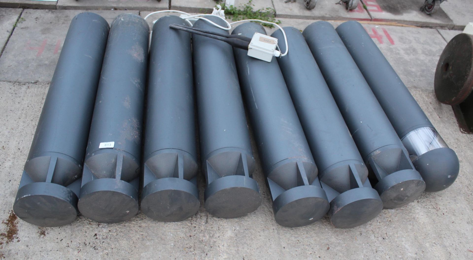 EIGHT METAL ROAD BOLLARDS, SOME WITH LIGHTS NO VAT