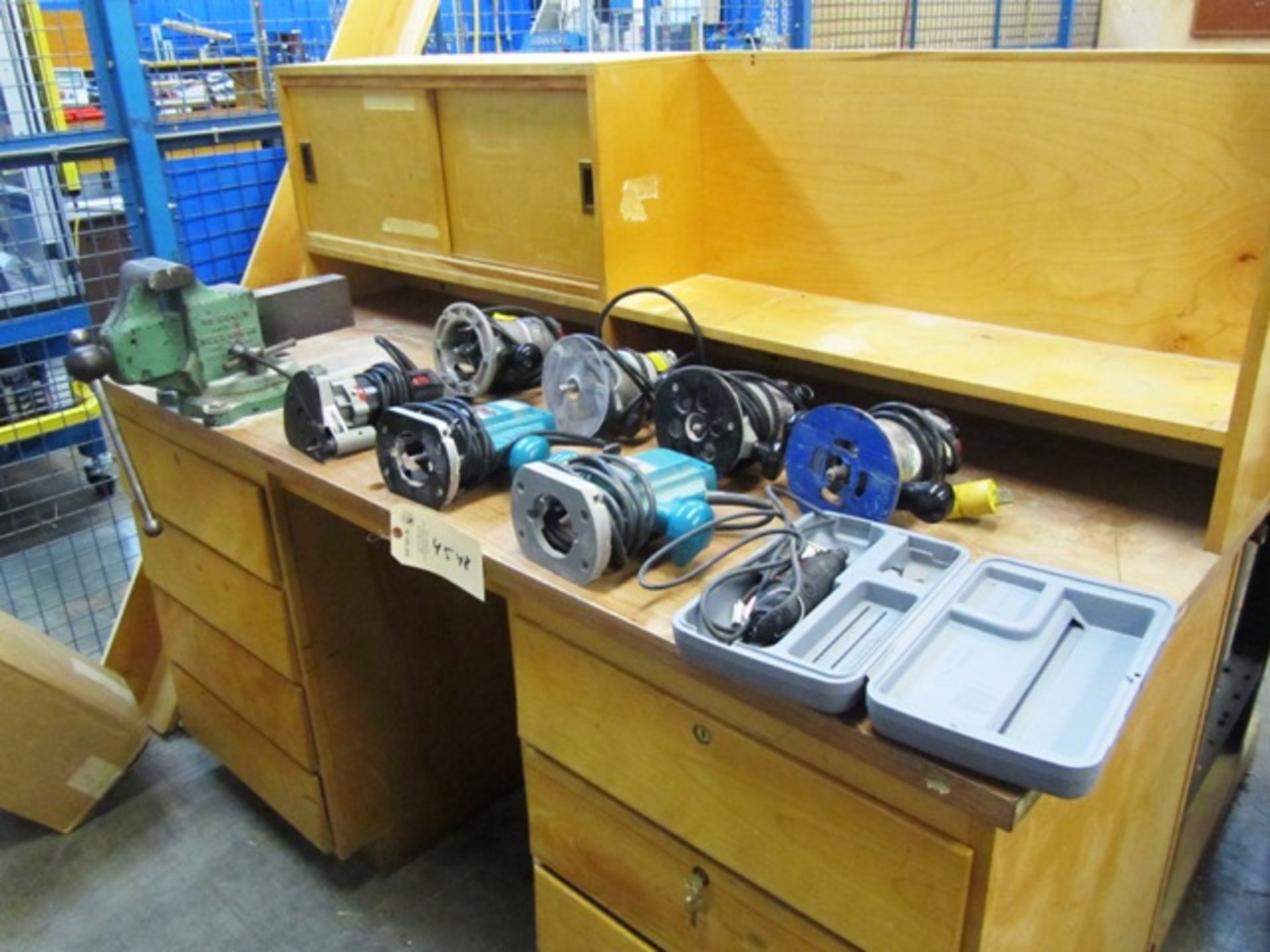Assorted Electric Hand Routers & Reed 5'' Bench Vise with Bench