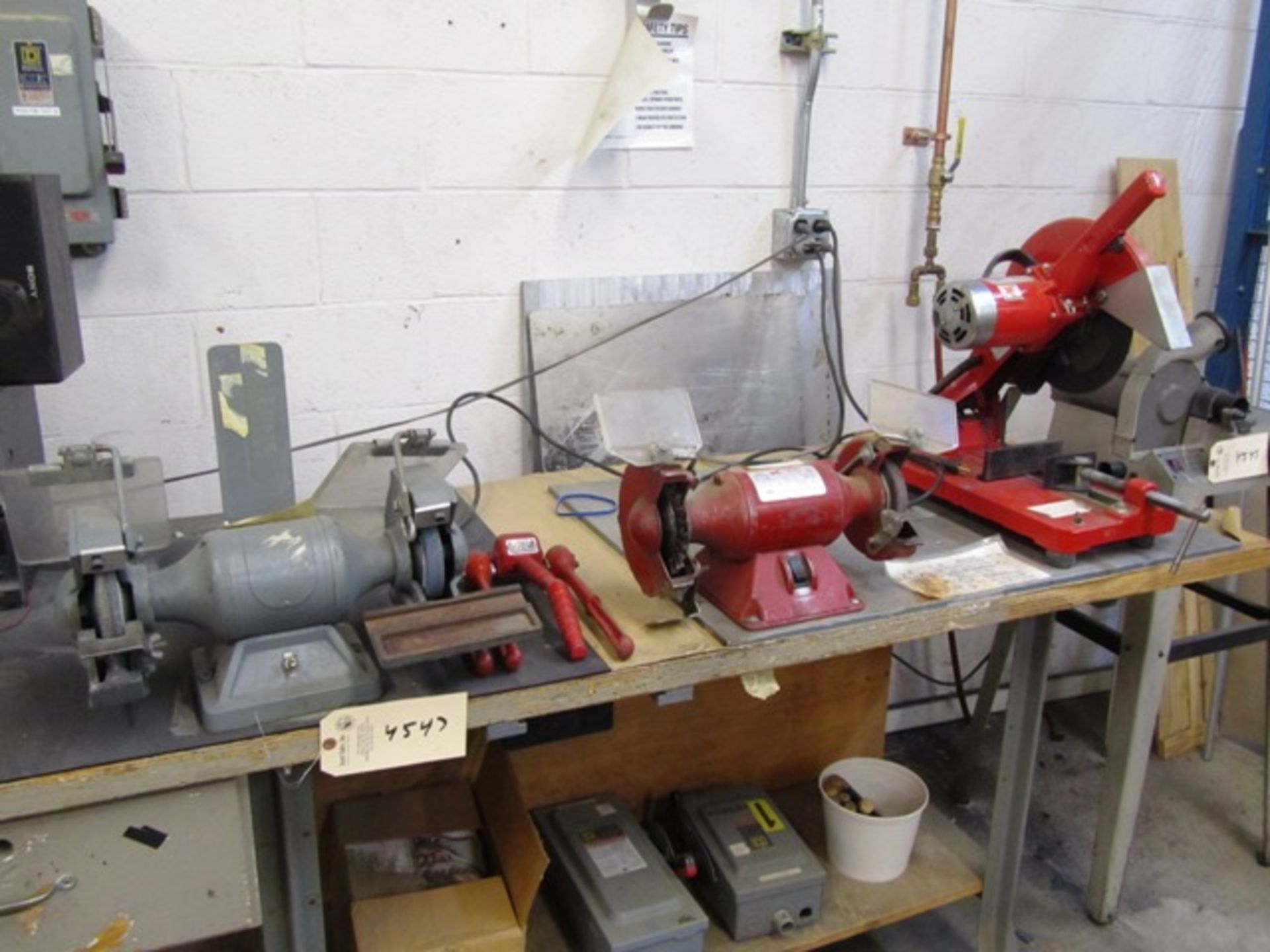 (2) 6'' Double End Bench Grinders & (1) Milwaukee 12'' Abrasive Crop Saw with Bench