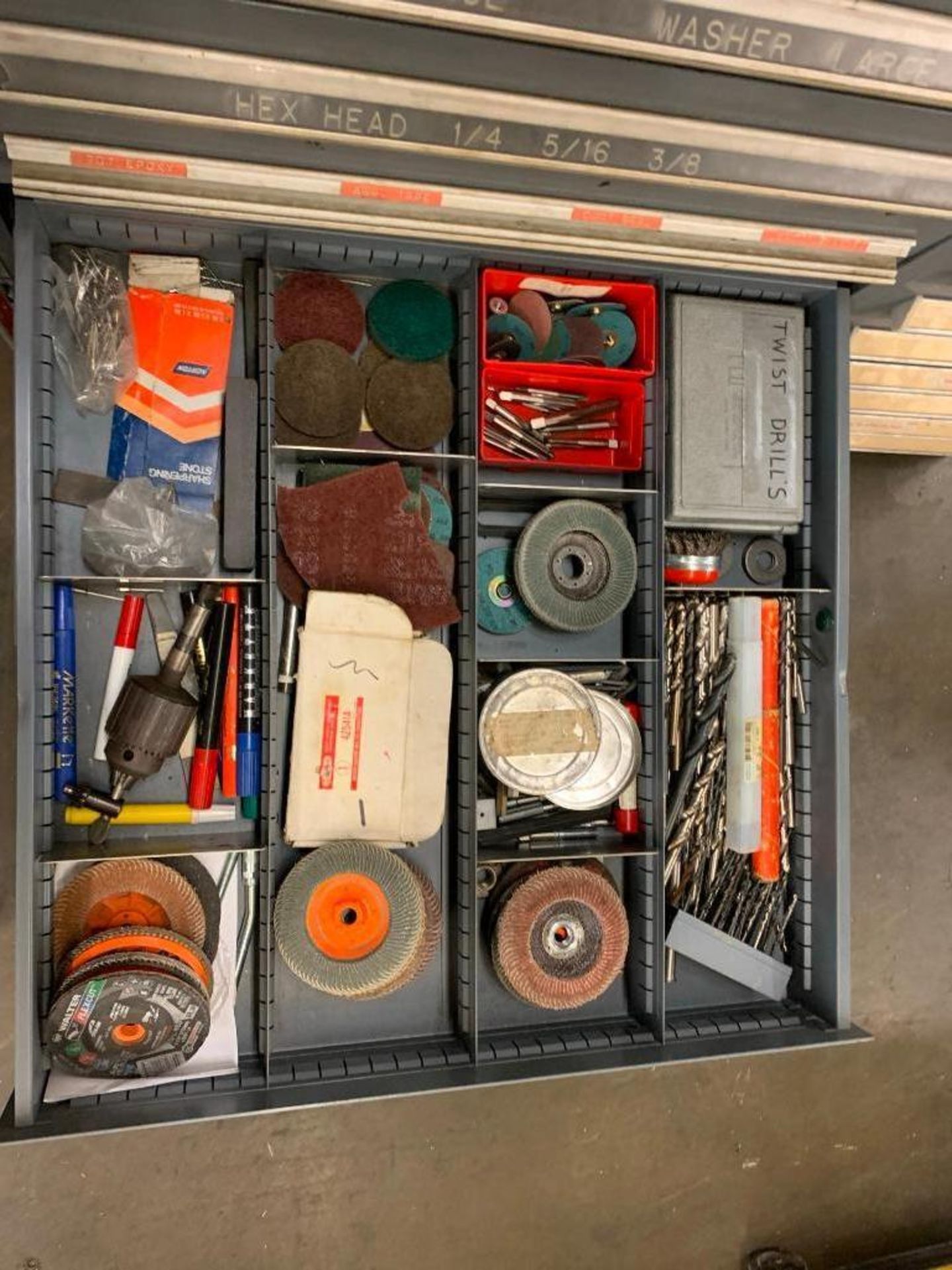 Stanley Vidmar 10 Drawer Cabinet with Hardware, Grinding Wheels, Eye Bolts, Etc. - Image 6 of 10