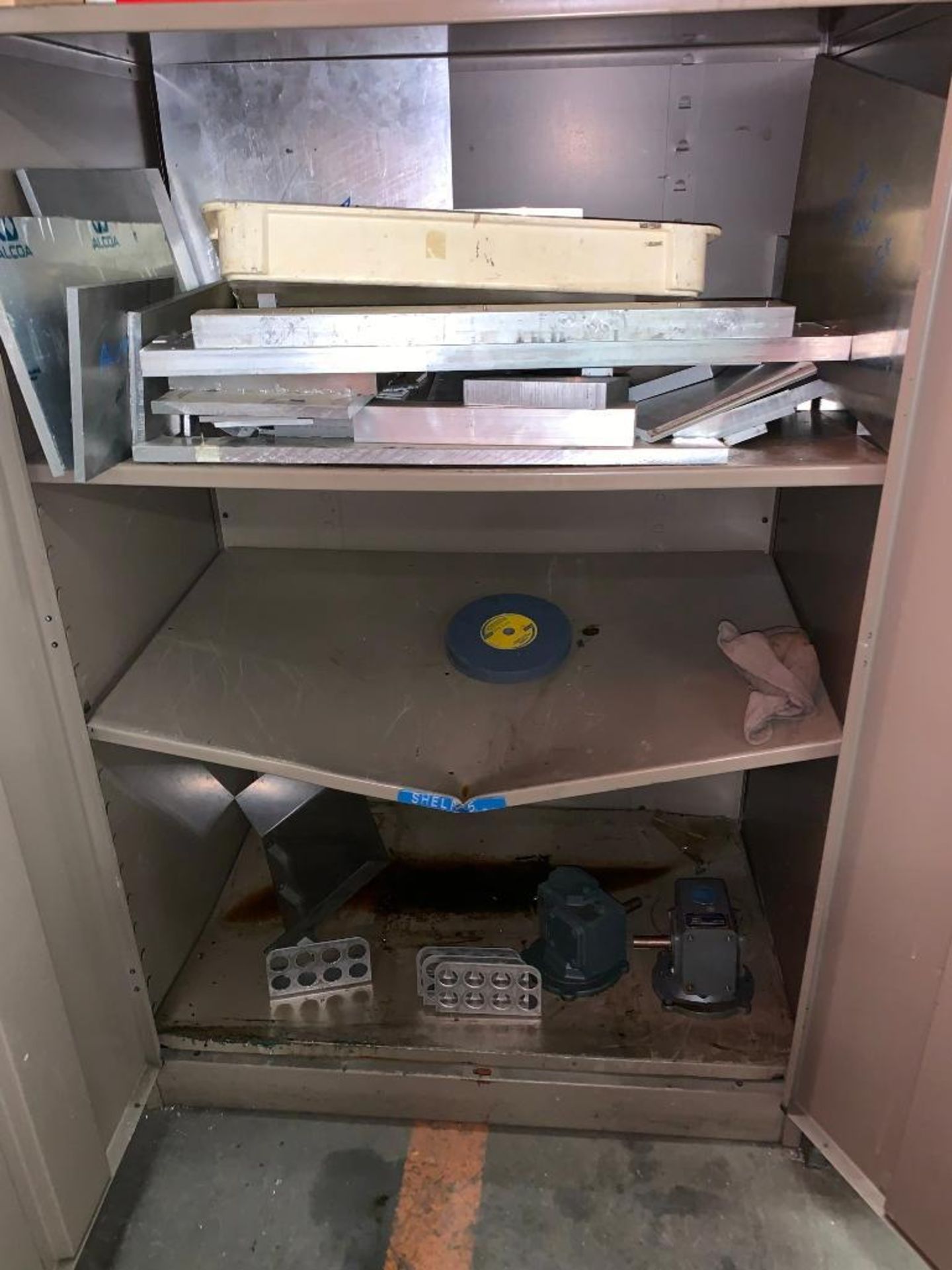 2 Door Cabinet with Aluminum Stock, Empty Dewalt Cases, Gear Reducers - Image 3 of 4