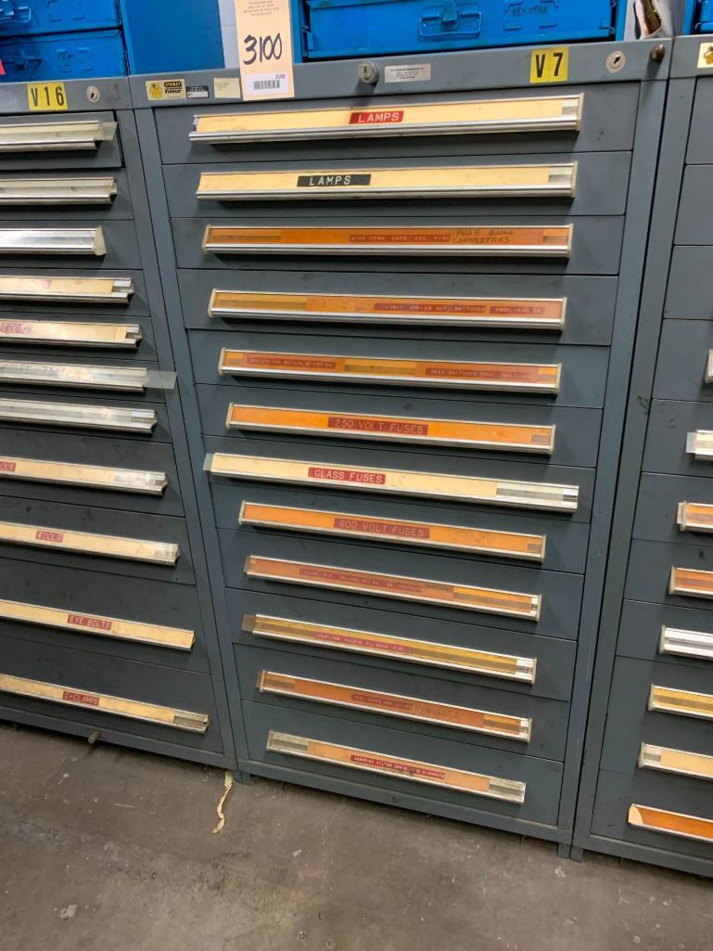 Vidmar 12 Drawer Cabinet with Lamps, Fuses, Valves, Etc.