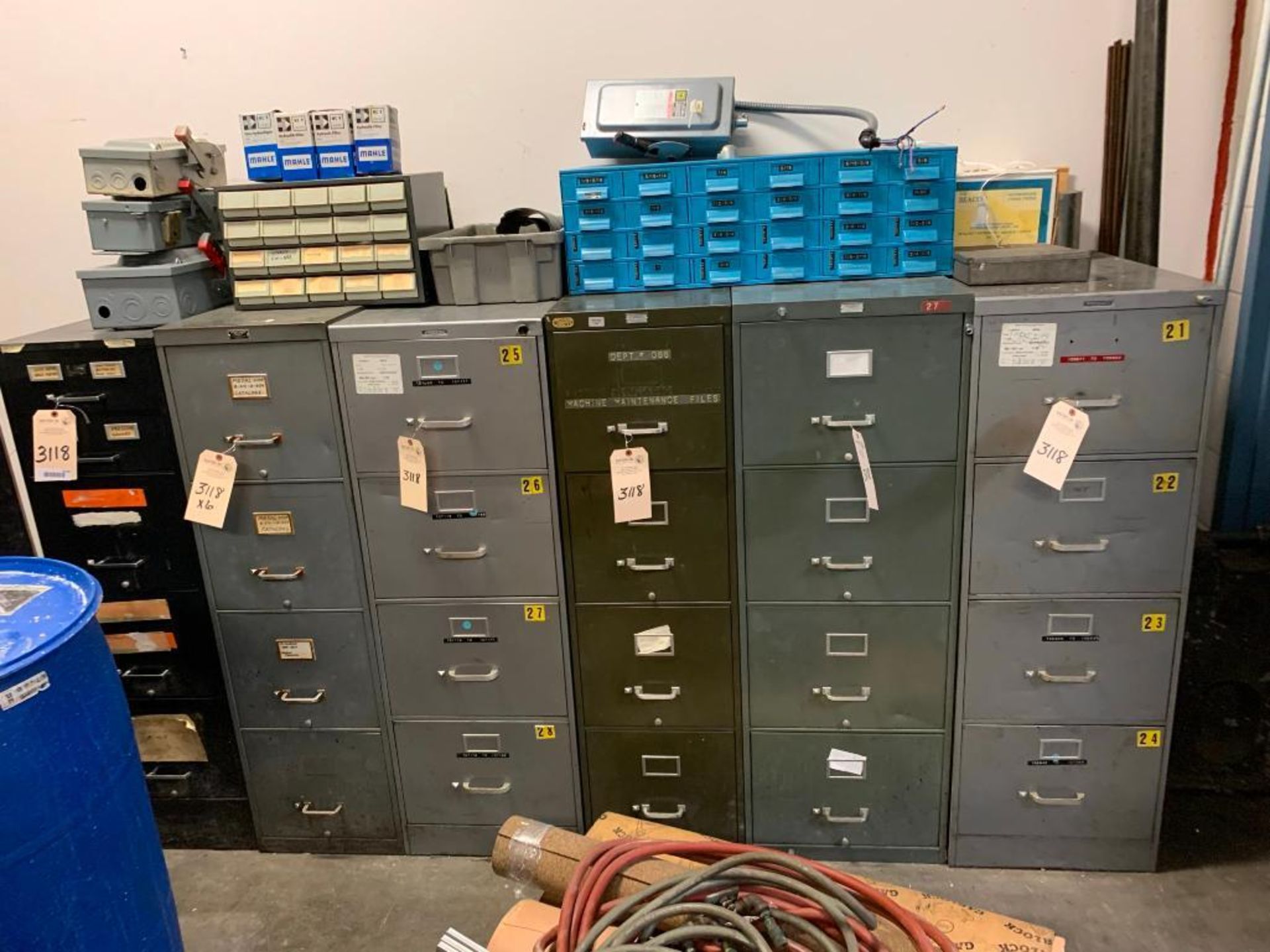 (6) File Cabinets with V-Belts, Gauges, Etc.