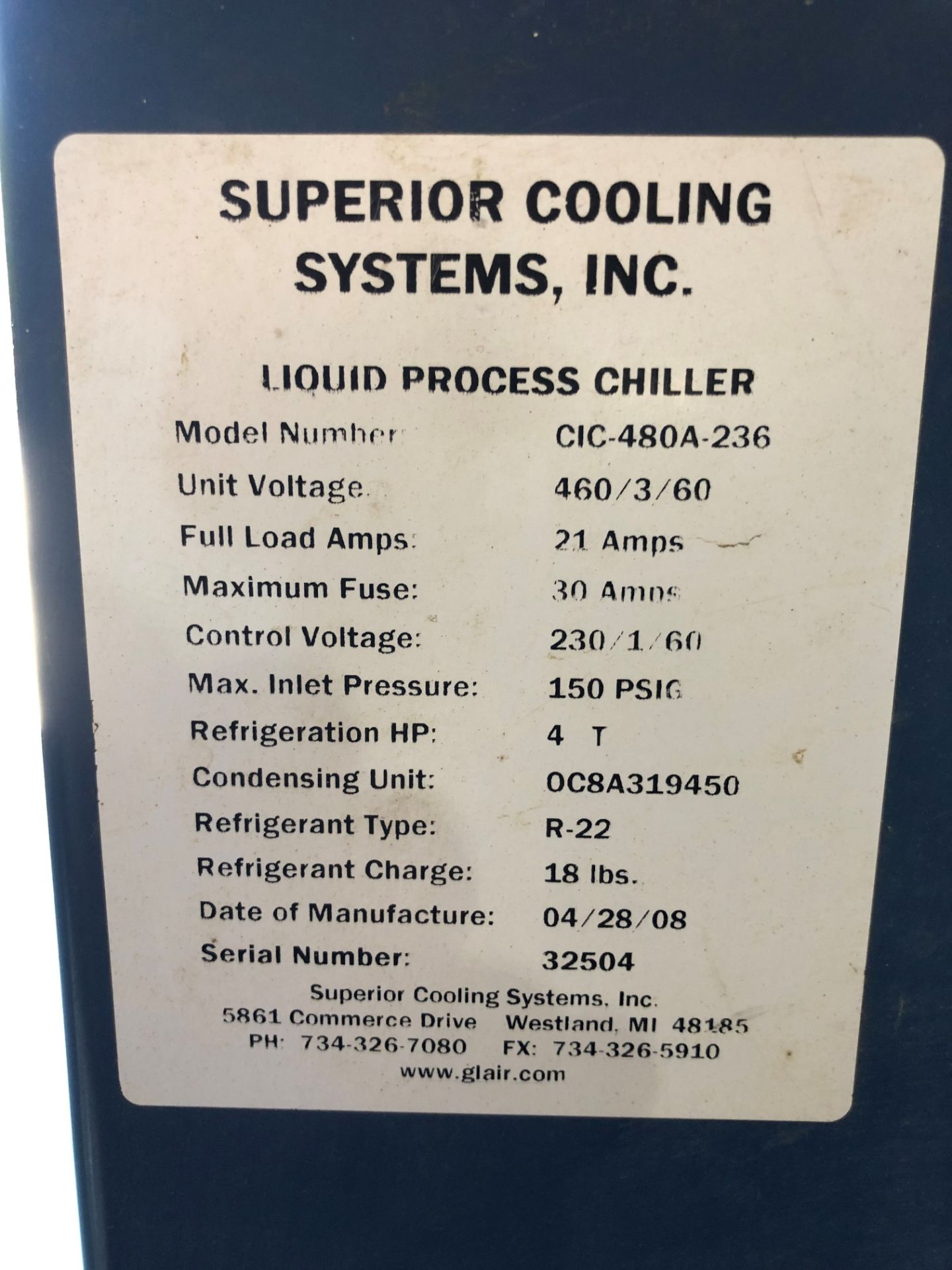 Superior Cooling Systems Model CIC-480A-236 Process Chiller - Image 5 of 5