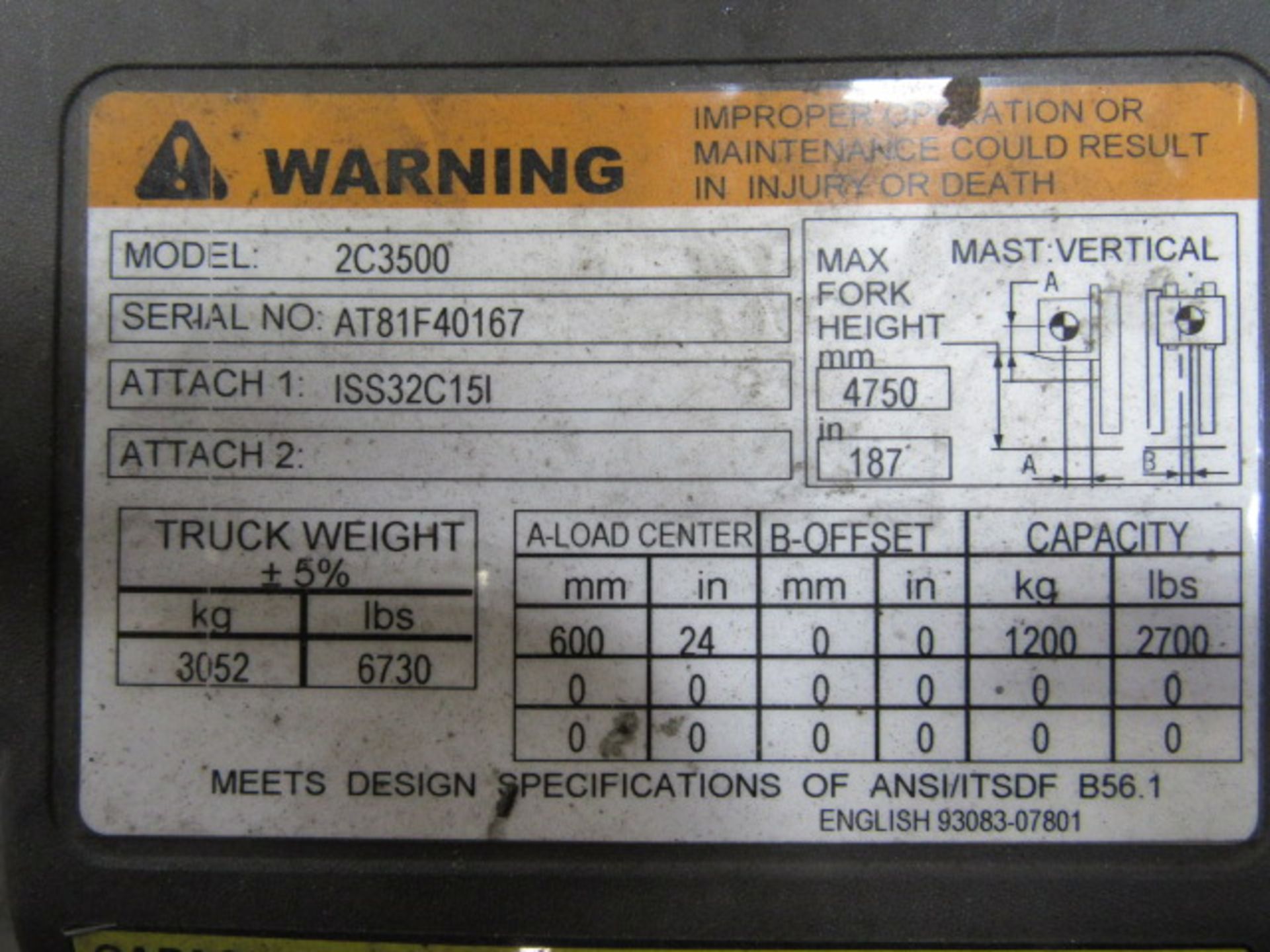 Caterpillar 2C3500 3,000lb Capacity LP Forklift - Image 8 of 8