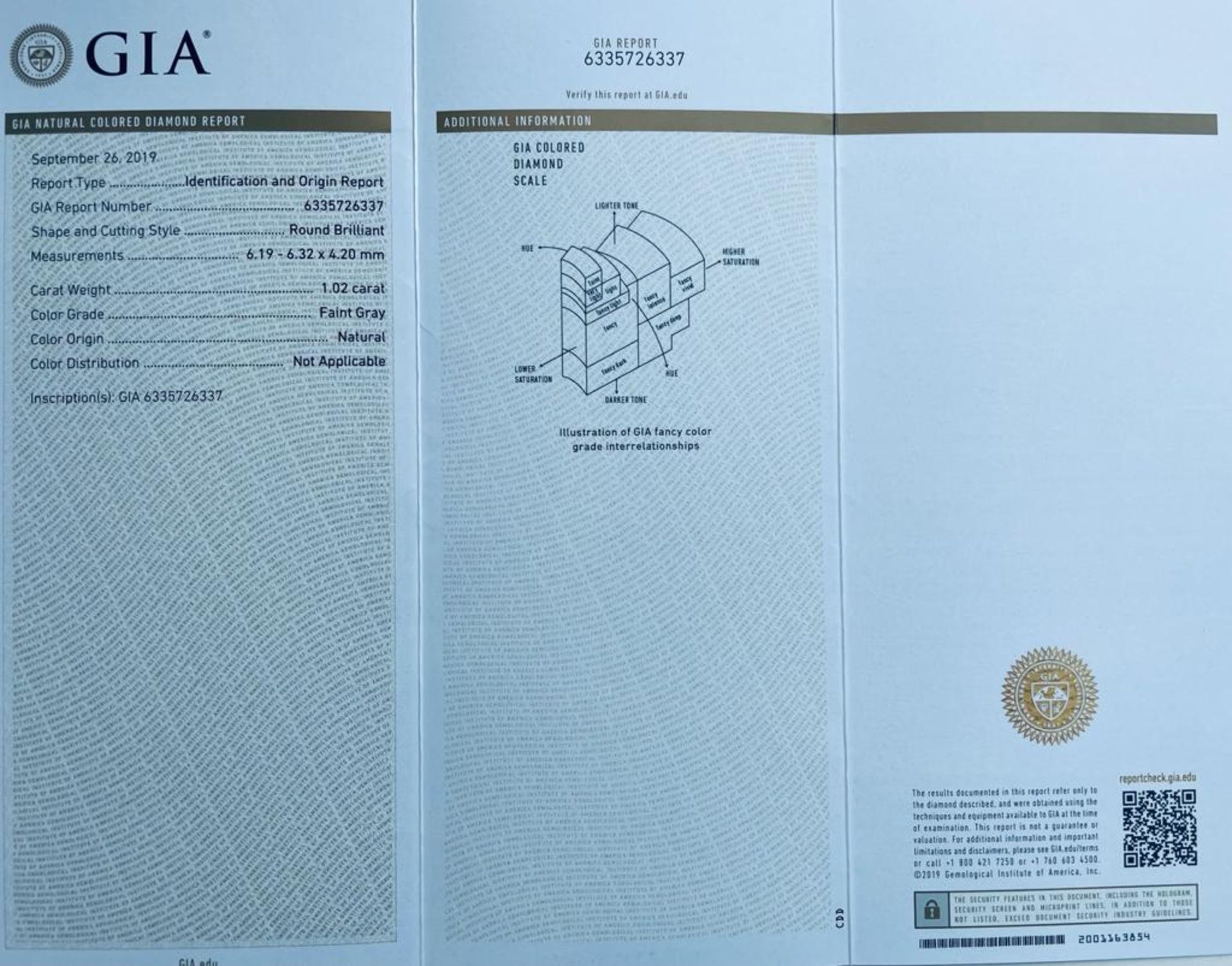 1 DIAMOND 1,02 CT F - F. GRAY - SHAPE BRILLANT - CERT GIA - C90907-1 - Bild 4 aus 4