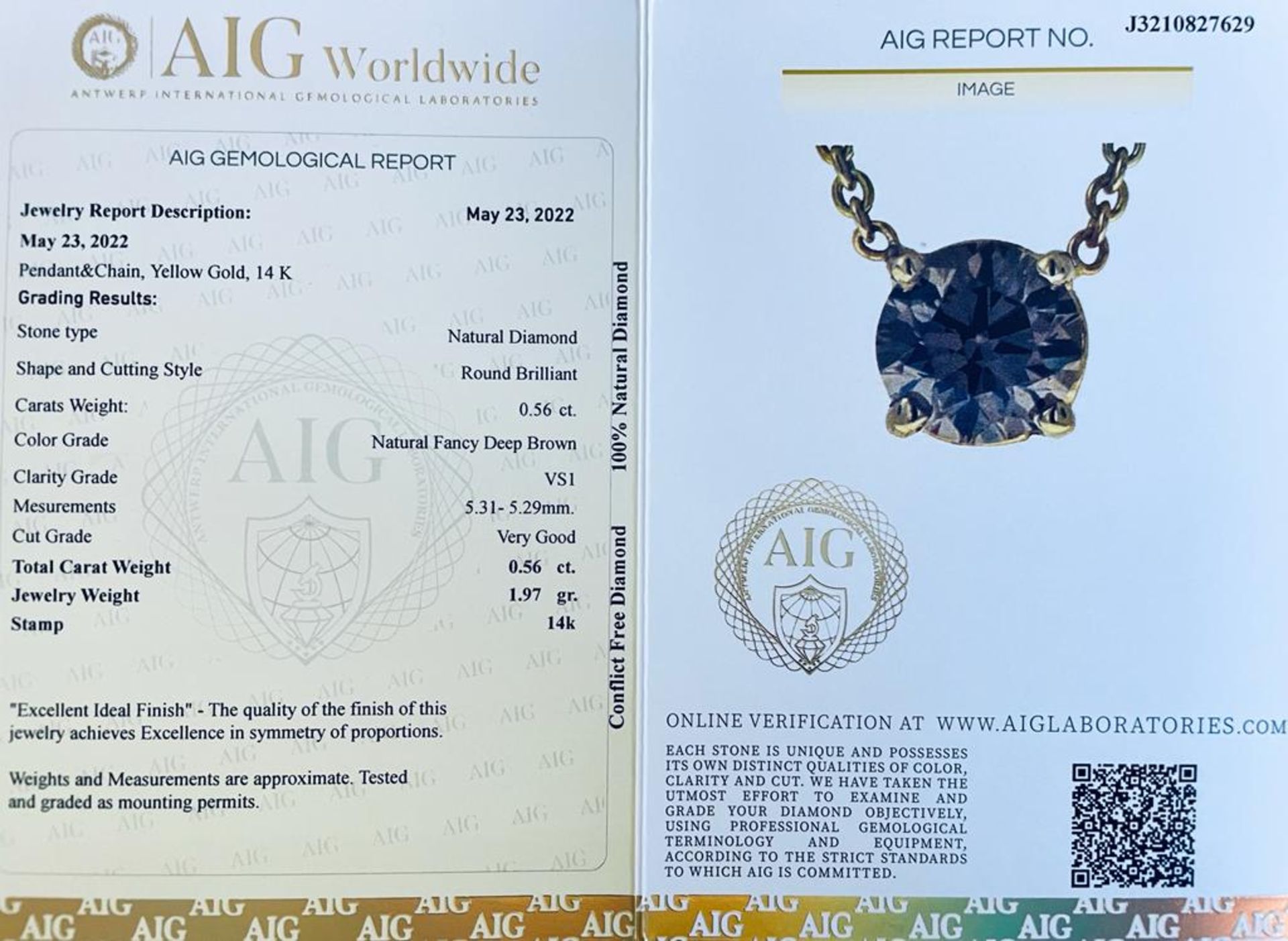 14K YELLOW GOLD 1.97G DIAMOND NECKLACE 0.56 CT NATURAL FANCY DEEP BROWN/VS1 CERTIFICATION AIG - - Image 4 of 4
