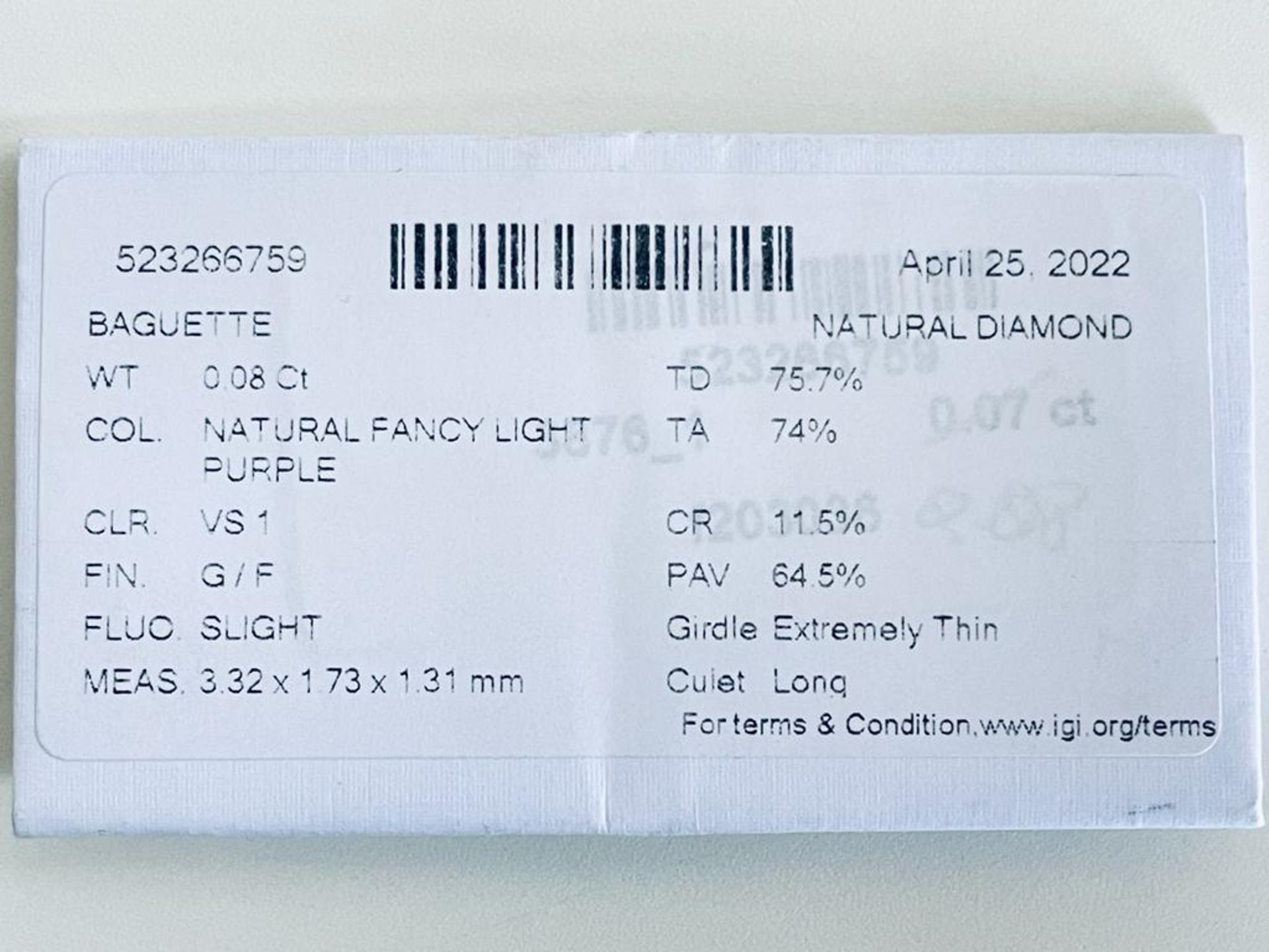 1 DIAMOND 0,08 CT N.F.LIGHT PURPLE - VS1 - SHAPE BAGUETTE - CERT igi gradings - F20303-6 - Bild 4 aus 4