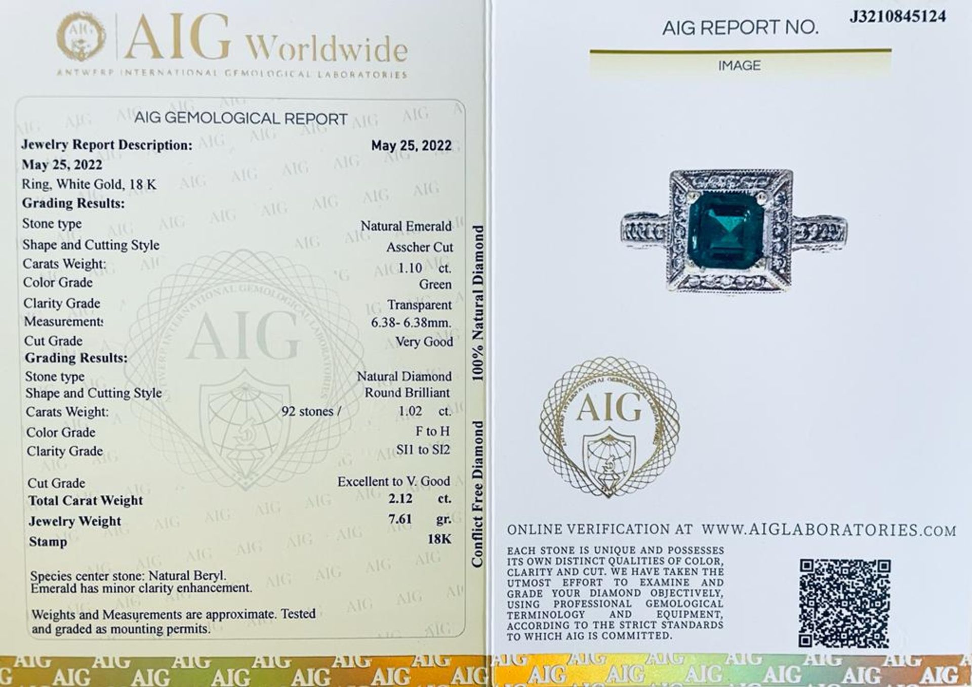 18K WHITE GOLD RING 7.61 GRAMS EMERALD 1.10 + DIAMOND 1.02CT - RNG20514 - Image 6 of 6