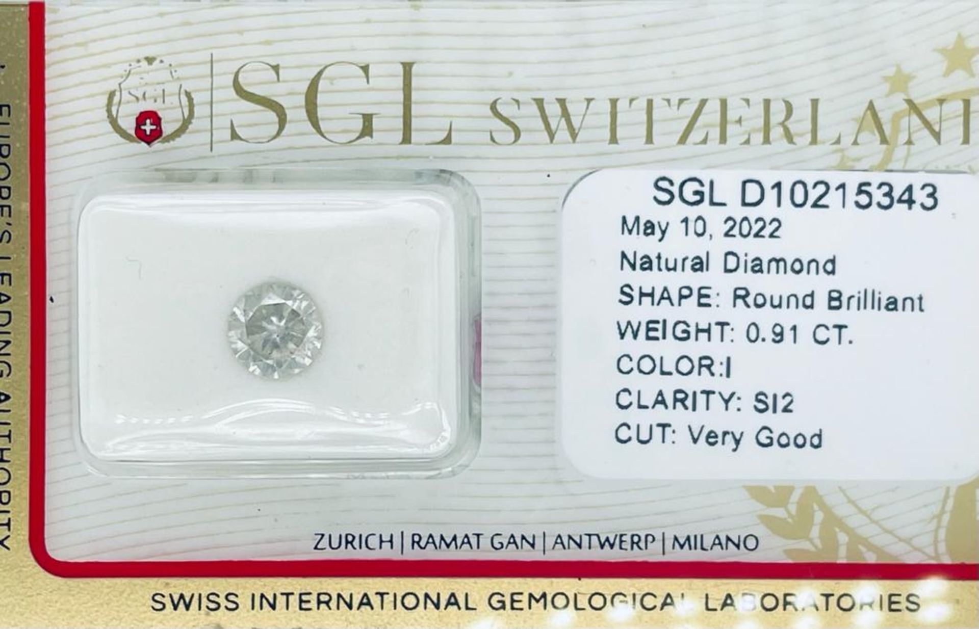 1 DIAMOND 0,91 CT I - SI2 - SHAPE BRILLANT - CERT SGL - C20408-10