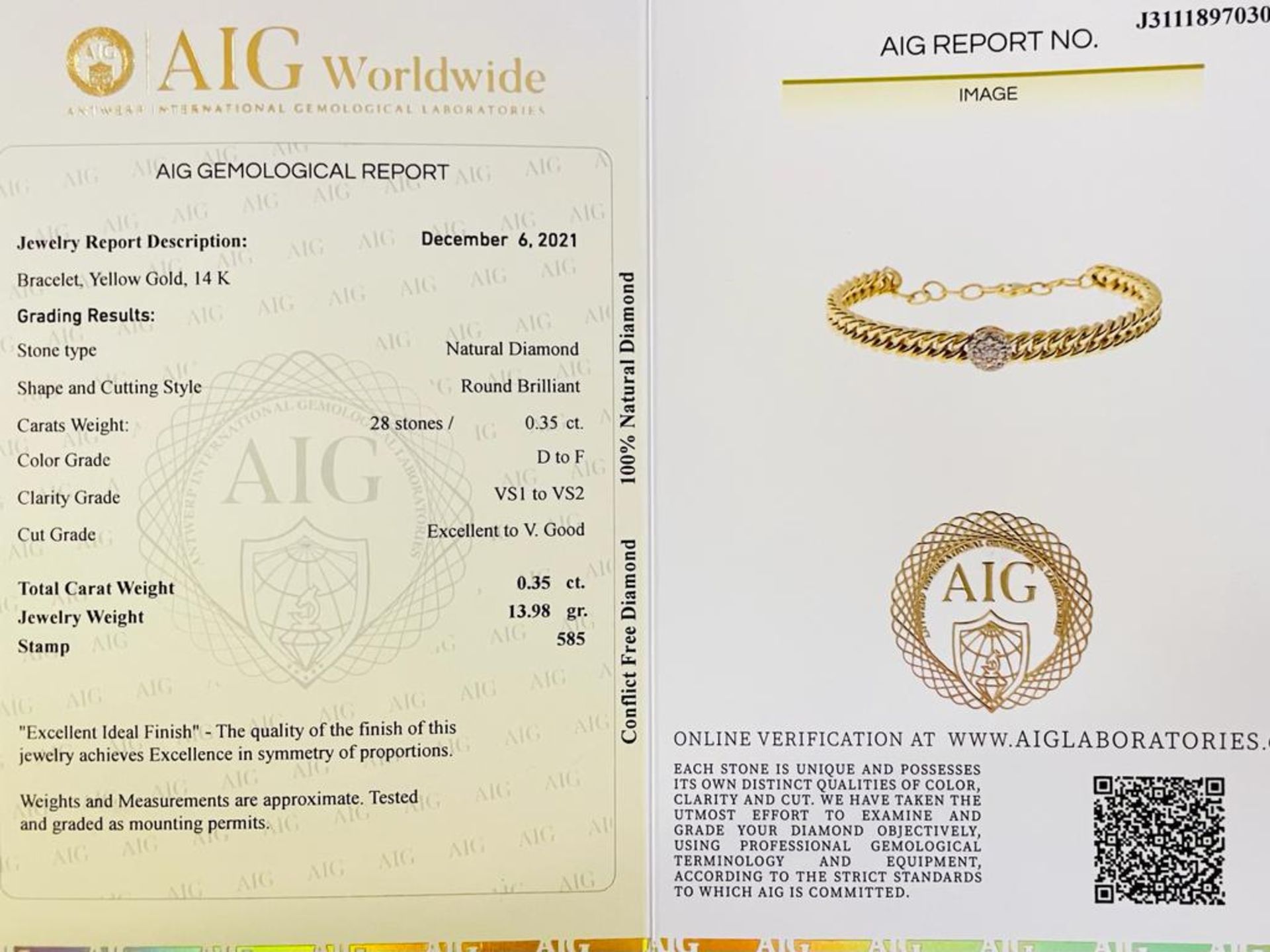 14K YELLOW GOLD 13.98 DIAMOND BRACELET 0.35 CT D-F/VS1 CERTIFICATION AIG - BRC11202 - Bild 7 aus 7