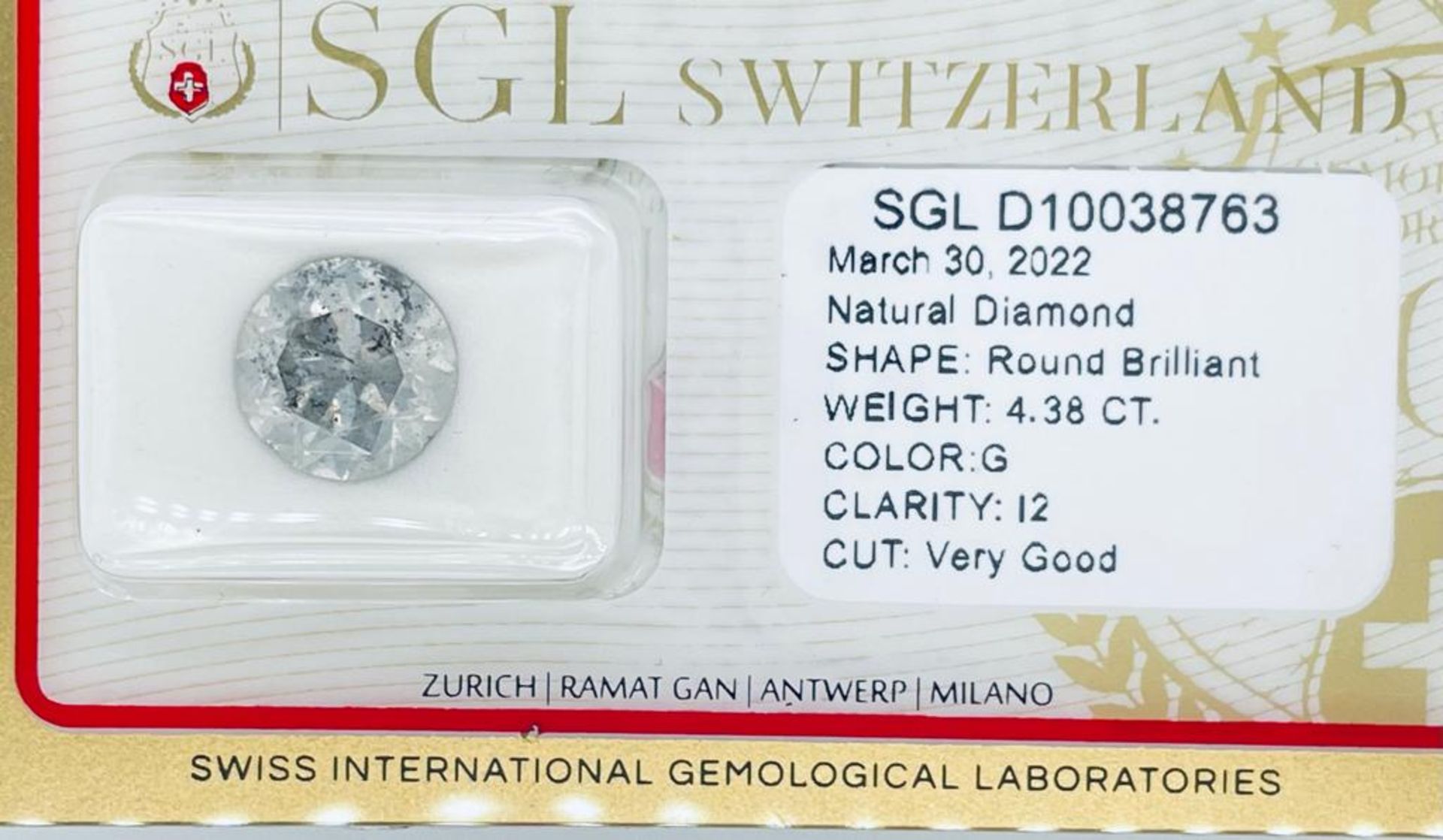 1 DIAMOND 4,38 CT G - I2 - SHAPE BRILLANT - CERT SGL - C20305-5