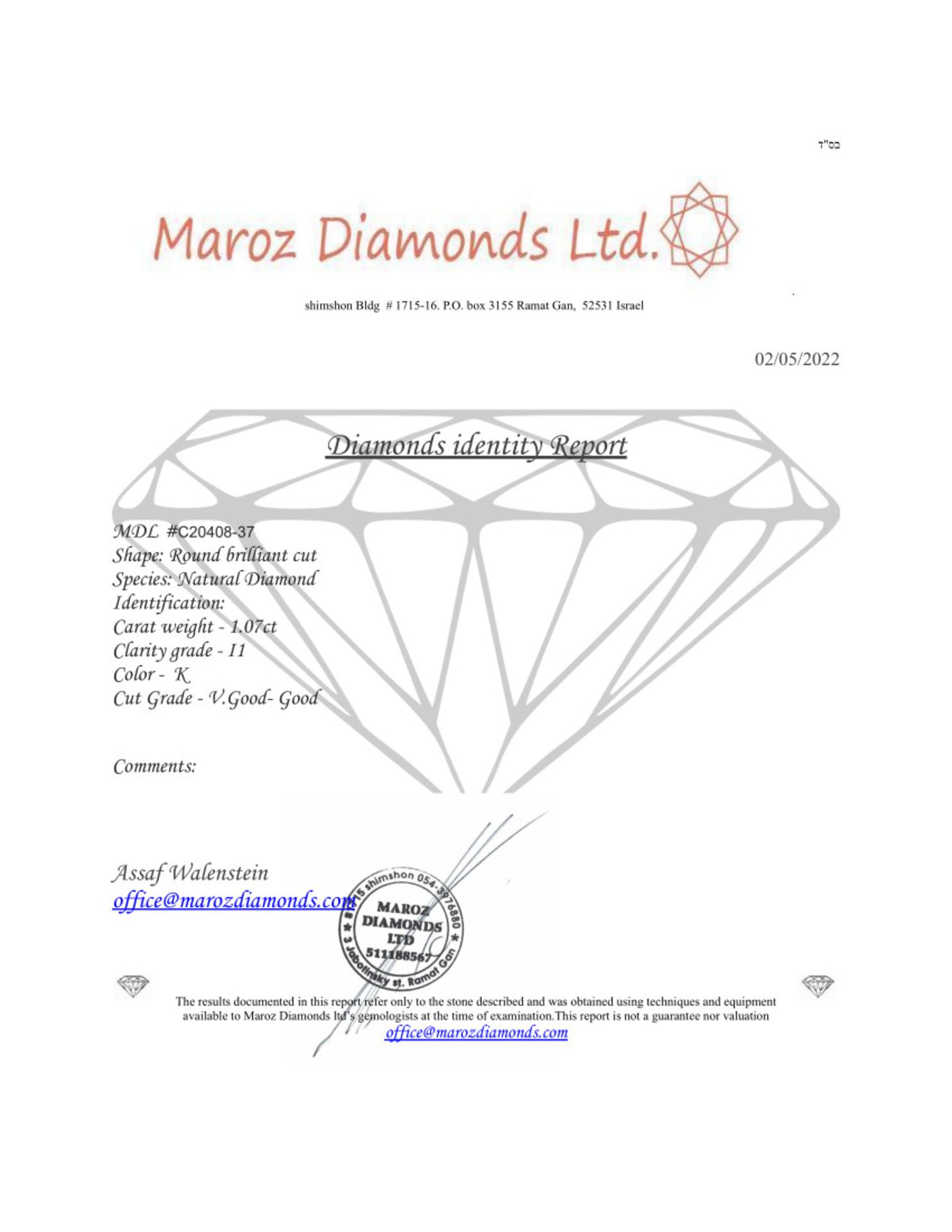 1 DIAMOND 1,07 CT K - I1 - SHAPE BRILLANT - CERT ID - C20408-37 - Image 4 of 4