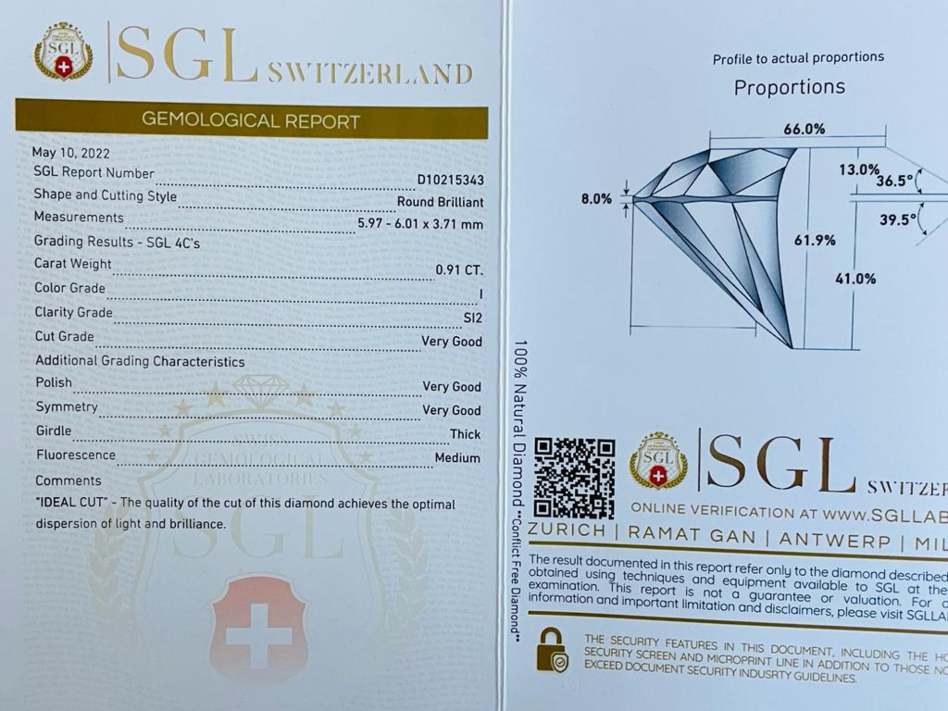 1 DIAMOND 0,91 CT I - SI2 - SHAPE BRILLANT - CERT SGL - C20408-10 - Bild 3 aus 3