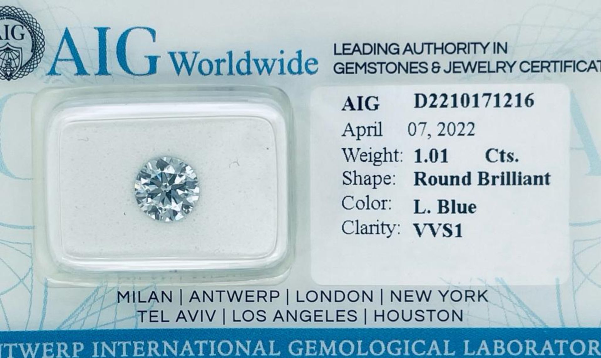 1 LAB GROWN DIAMOND 1,01 CT LIGHT BLUE - VVS1 - SHAPE BRILLANT - CERT AIG - LG20402