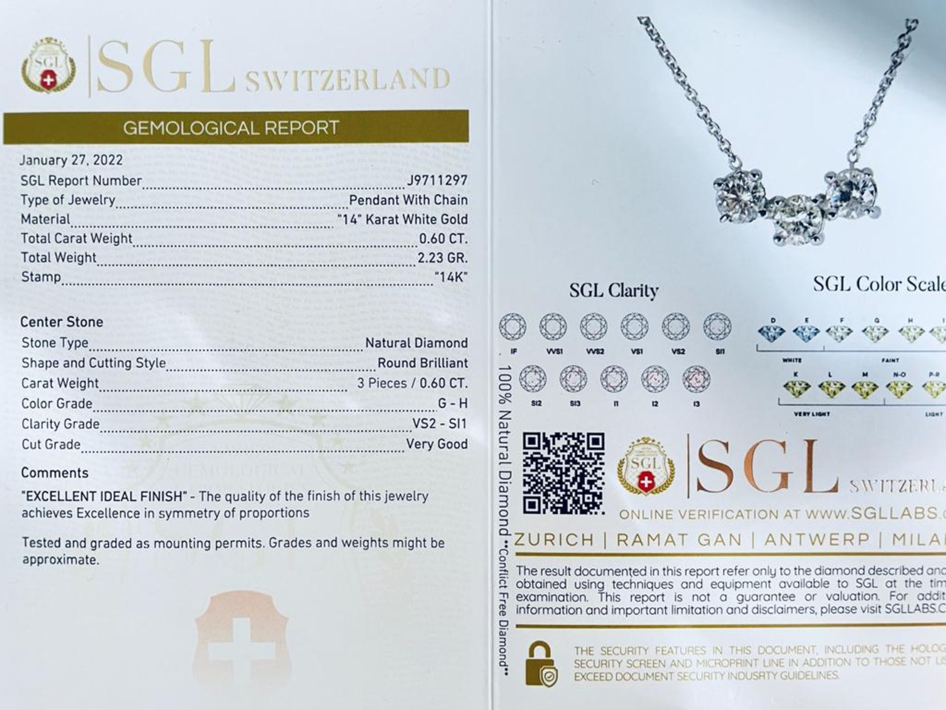 14K WHITE GOLD 2.23G DIAMOND NECKLACE 0.60 CT CERTIFICATION SGL - PND20130 - Image 4 of 4
