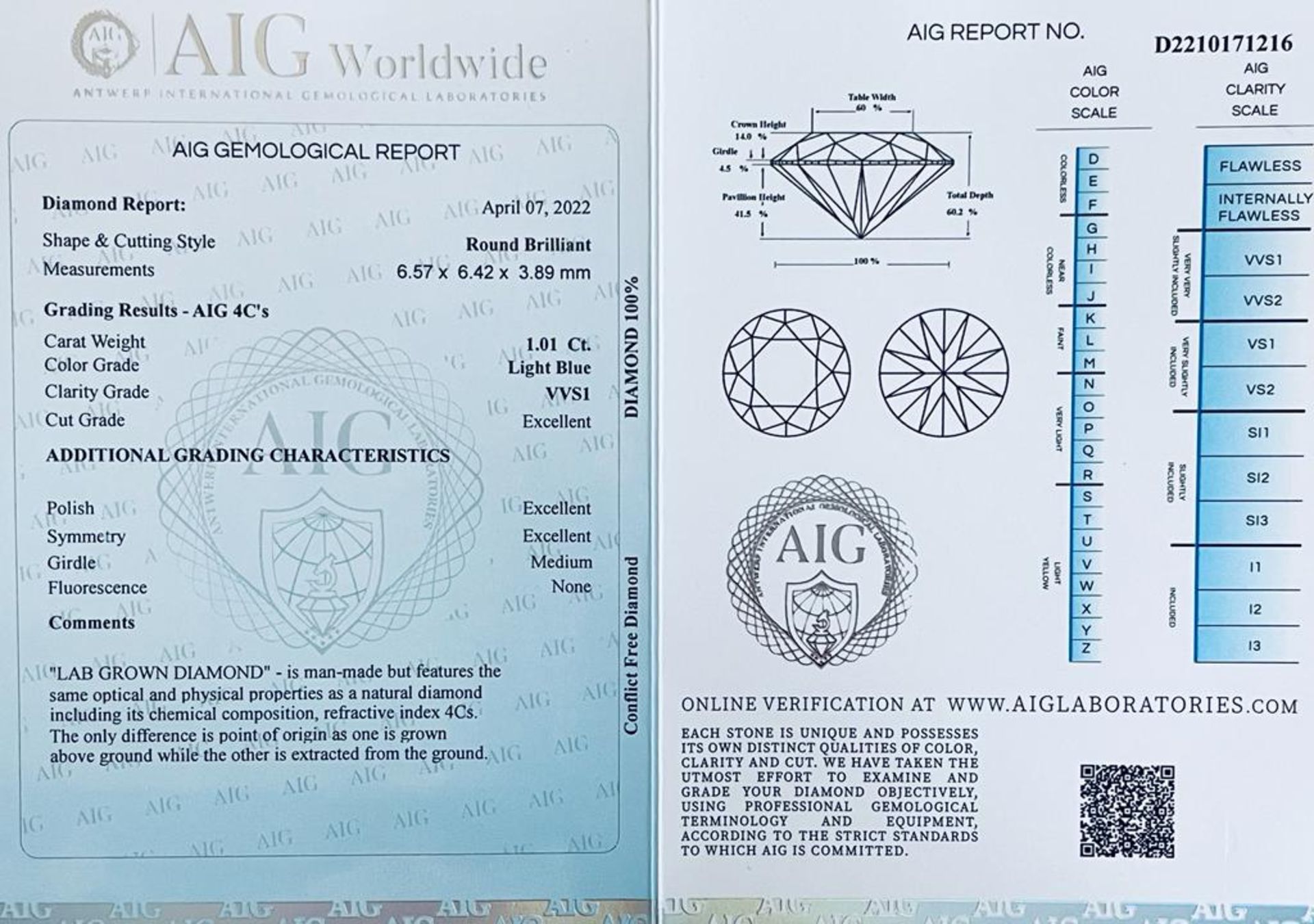 1 LAB GROWN DIAMOND 1,01 CT LIGHT BLUE - VVS1 - SHAPE BRILLANT - CERT AIG - LG20402 - Image 3 of 3