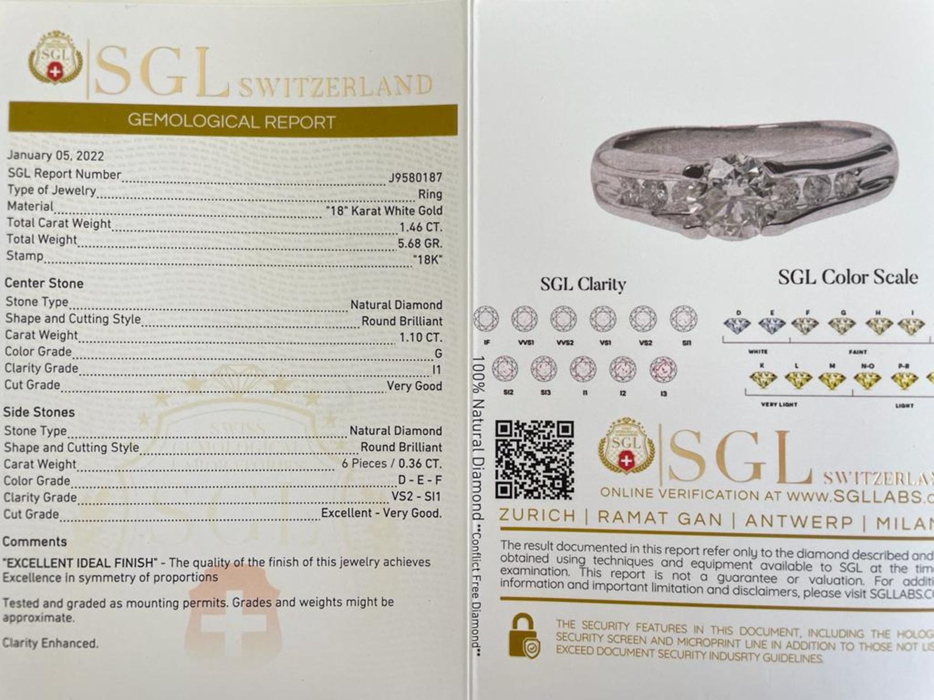 18K W GOLD 5.68G DIAMOND RING 1.02 G/SI2 + 0.36 G/VS-SI CERTIFICATION SGL - R11203 - Bild 4 aus 4