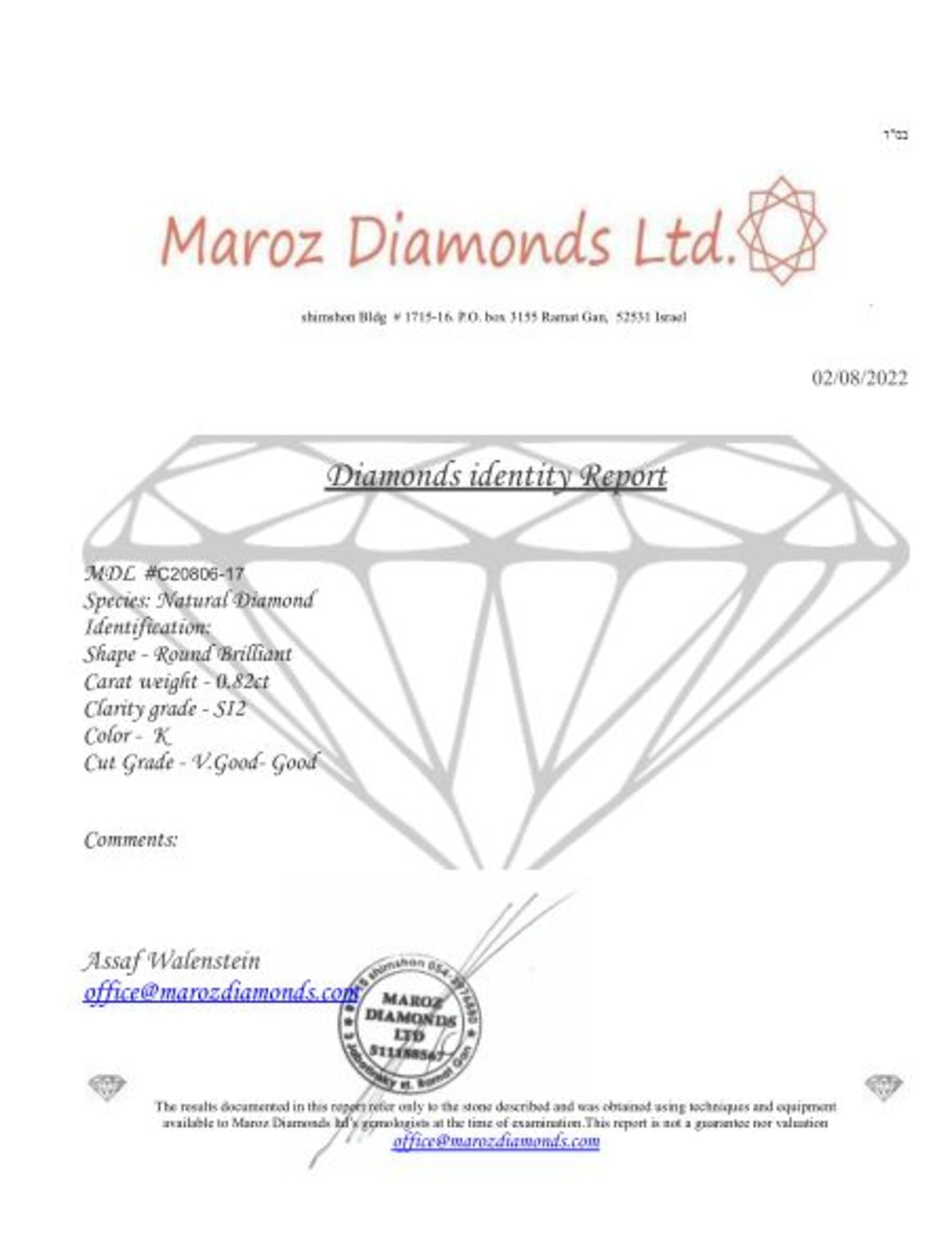 1 DIAMOND 0.82 CT K - SI2 - BRILLIANT CUT - CERTIFIED ID - C20806-17 - Bild 5 aus 5