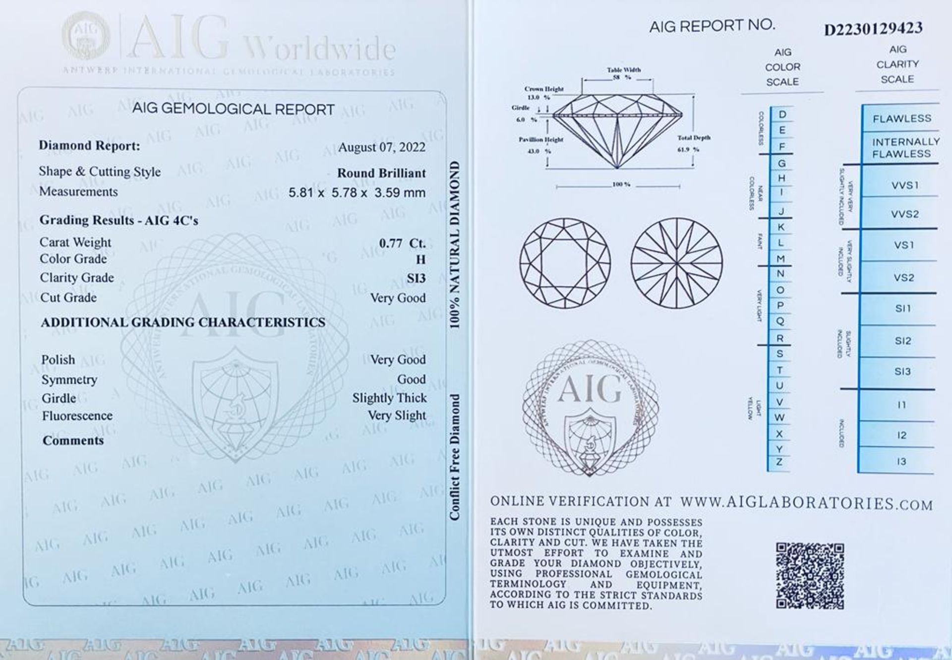 1 DIAMOND 0.77 CT H - SI3 - BRILLIANT CUT - AIG CERTIFICATE - C20806-6 - Bild 2 aus 5