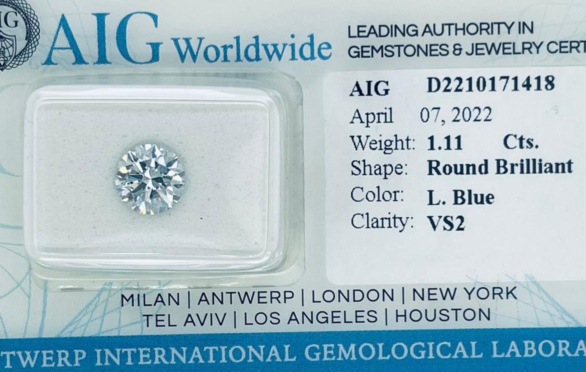 1 LAB GROWN DIAMOND 1,11 CT LIGHT BLUE - VS2 - SHAPE BRILLANT - CERTIFICATION AIG - LG20403