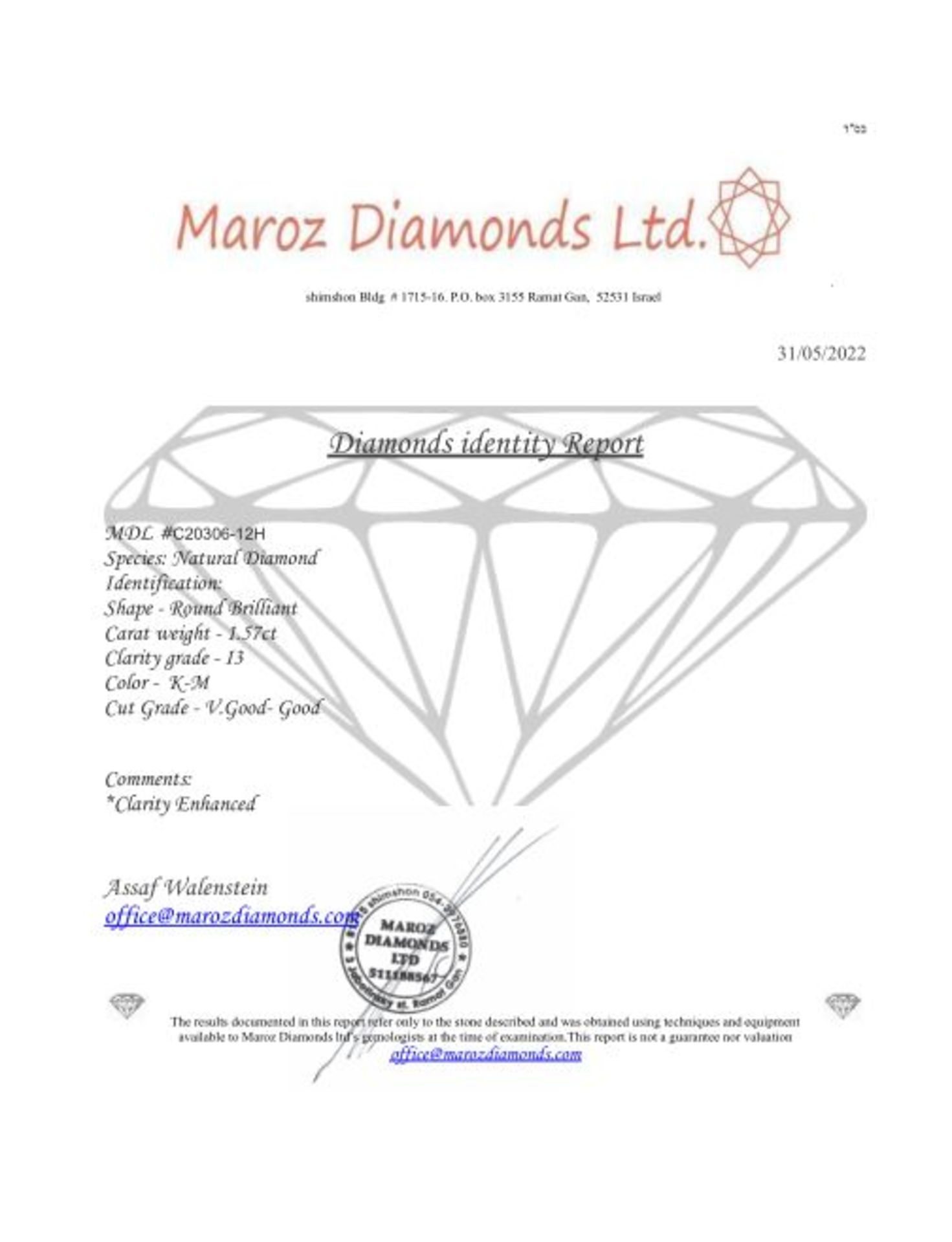 3 DIAMONDS 1.57 CT TOTAL K -M - I3 - BRILLIANT CUT - ID CERTIFICATE - C20306-12H - Bild 5 aus 5