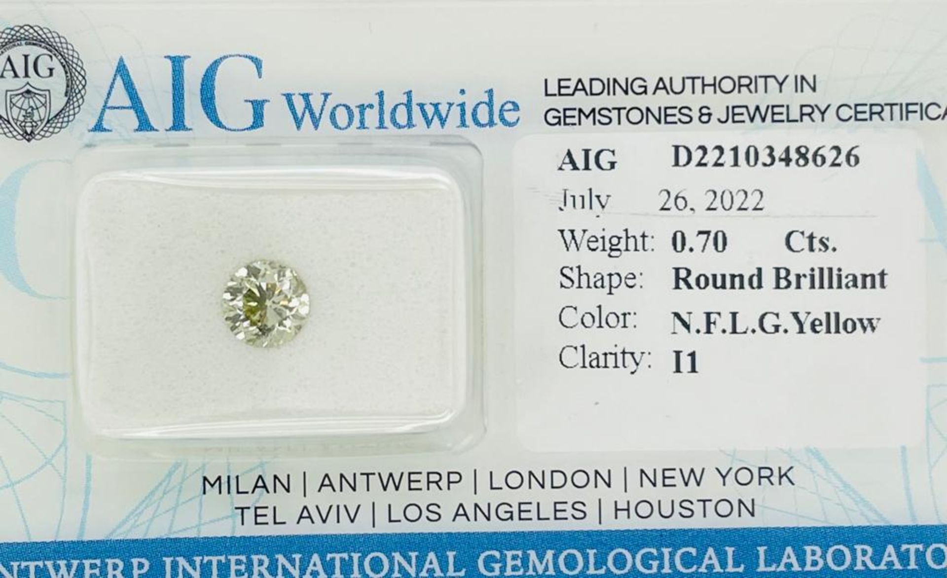 1 DIAMOND 0.7 CT FANCY LIGHT GRAY YELLOW - I1 - BRILLIANT CUT - AIG CERTIFICATE - C20710-2
