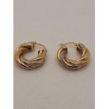 18 CARAT GOLD EARRINGS, WOVEN WHITE, YELLOW AND PINK GOLD, SATIN EFFECT. DIMENSIONS 2 CM. 5,3