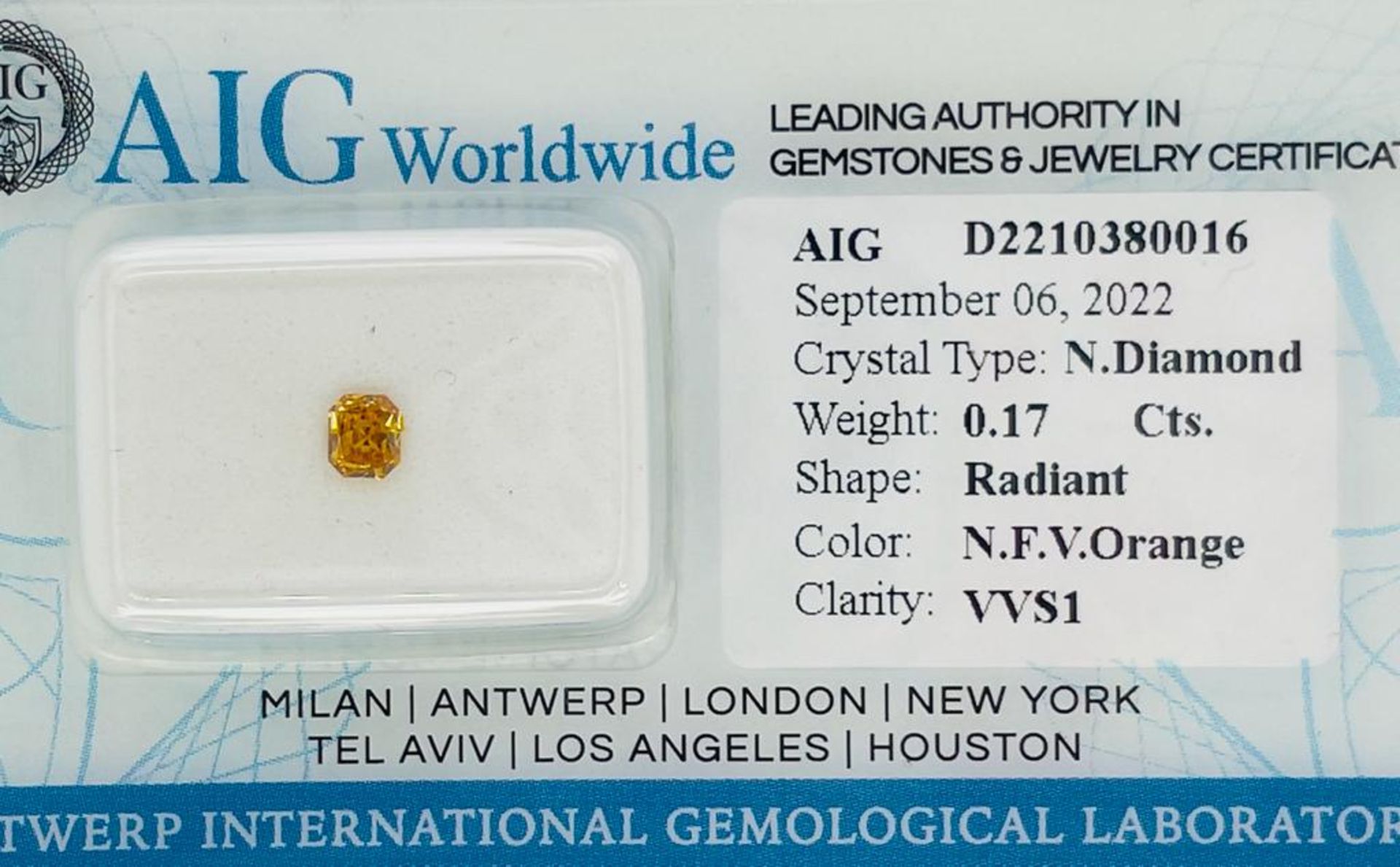 1 DIAMOND 0,17 CT N.F.VIVID ORANGE - VVS1 - SHAPE RADIANT - CERTIFICATION AIG - F20901-6