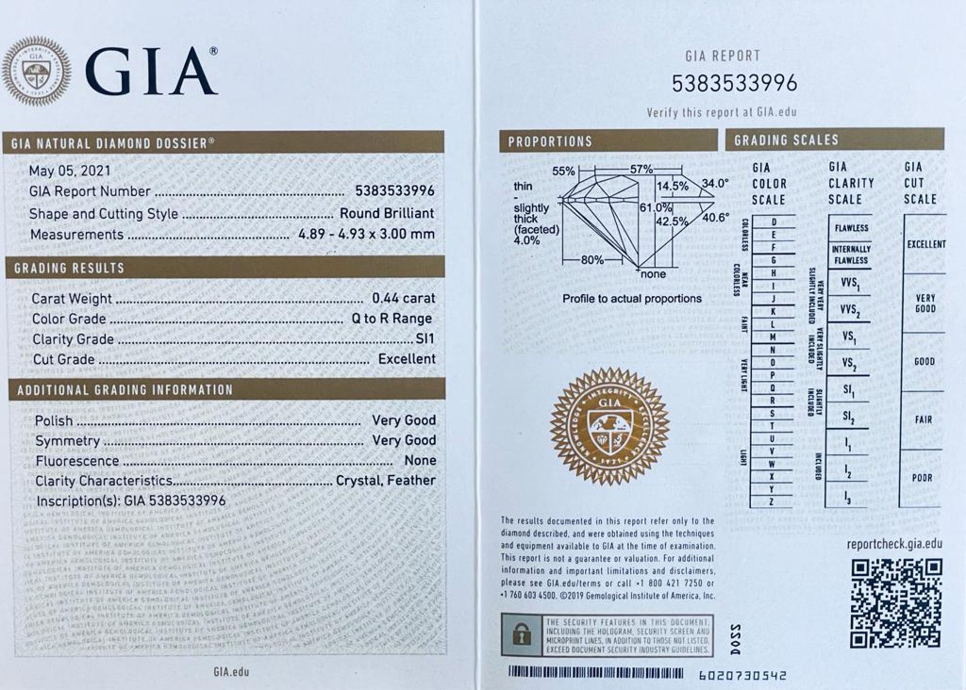 1 DIAMOND 0,44 CT - SI1 - SHAPE BRILLANT - CERTIFICATION GIA - PT20904 - Image 3 of 5