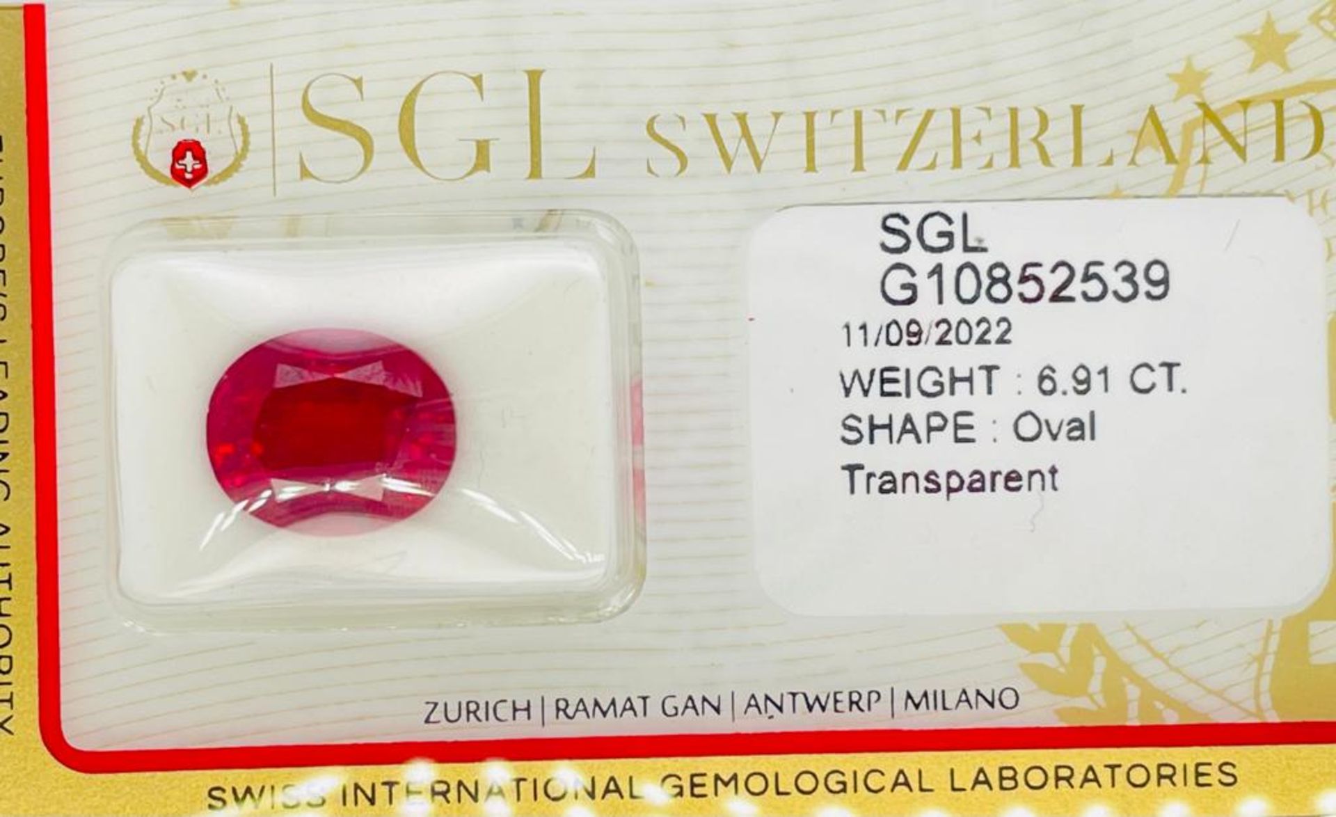 1 LAB GROWN RUBINO 6,91 CT SHAPE OVAL - CERTIFICATION SGL - PR80505B