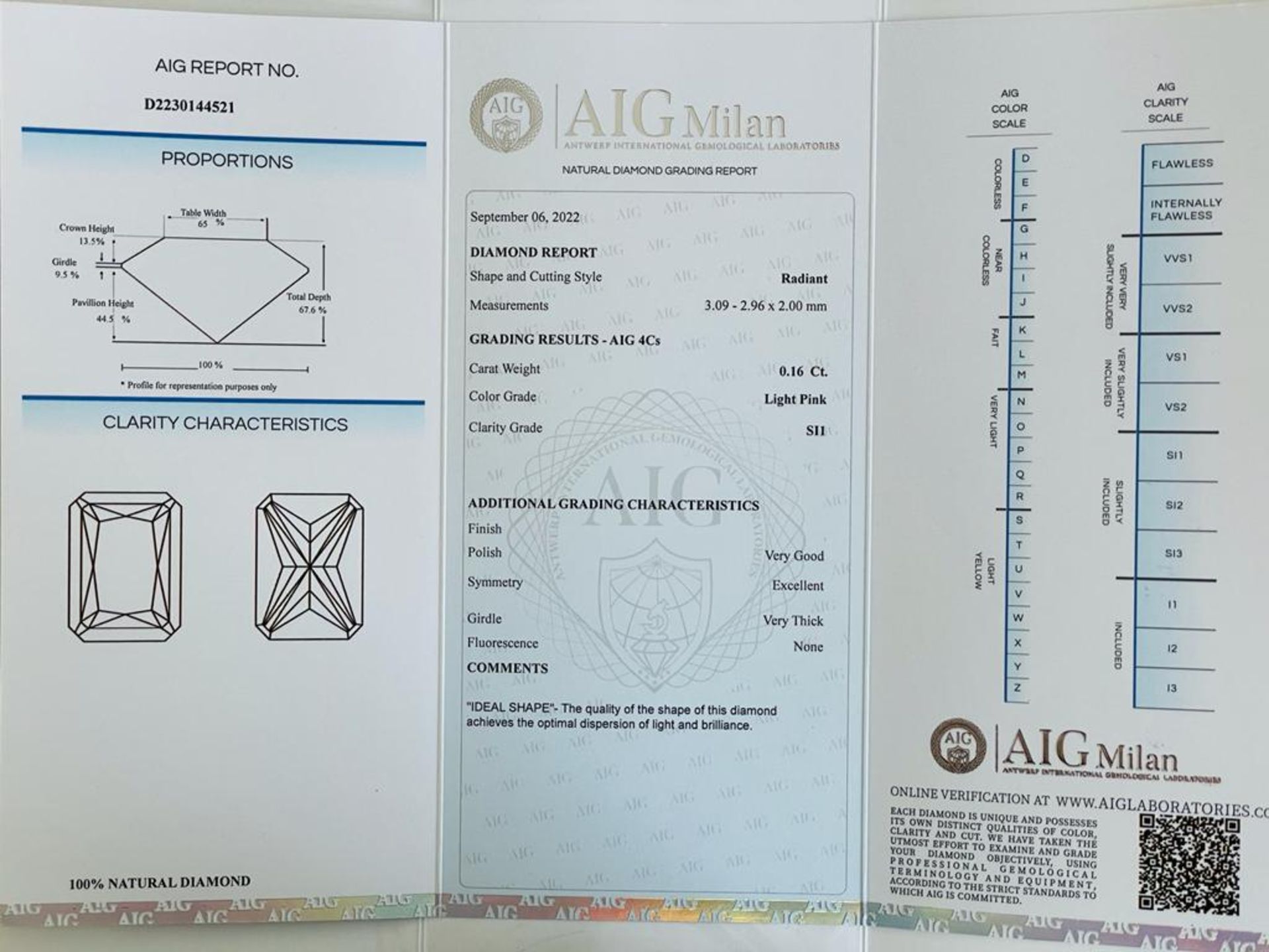 1 DIAMOND 0,16 CT LIGHT PINK - SI1 - SHAPE RADIANT - CERTIFICATION AIG - F20901-35 - Image 2 of 5