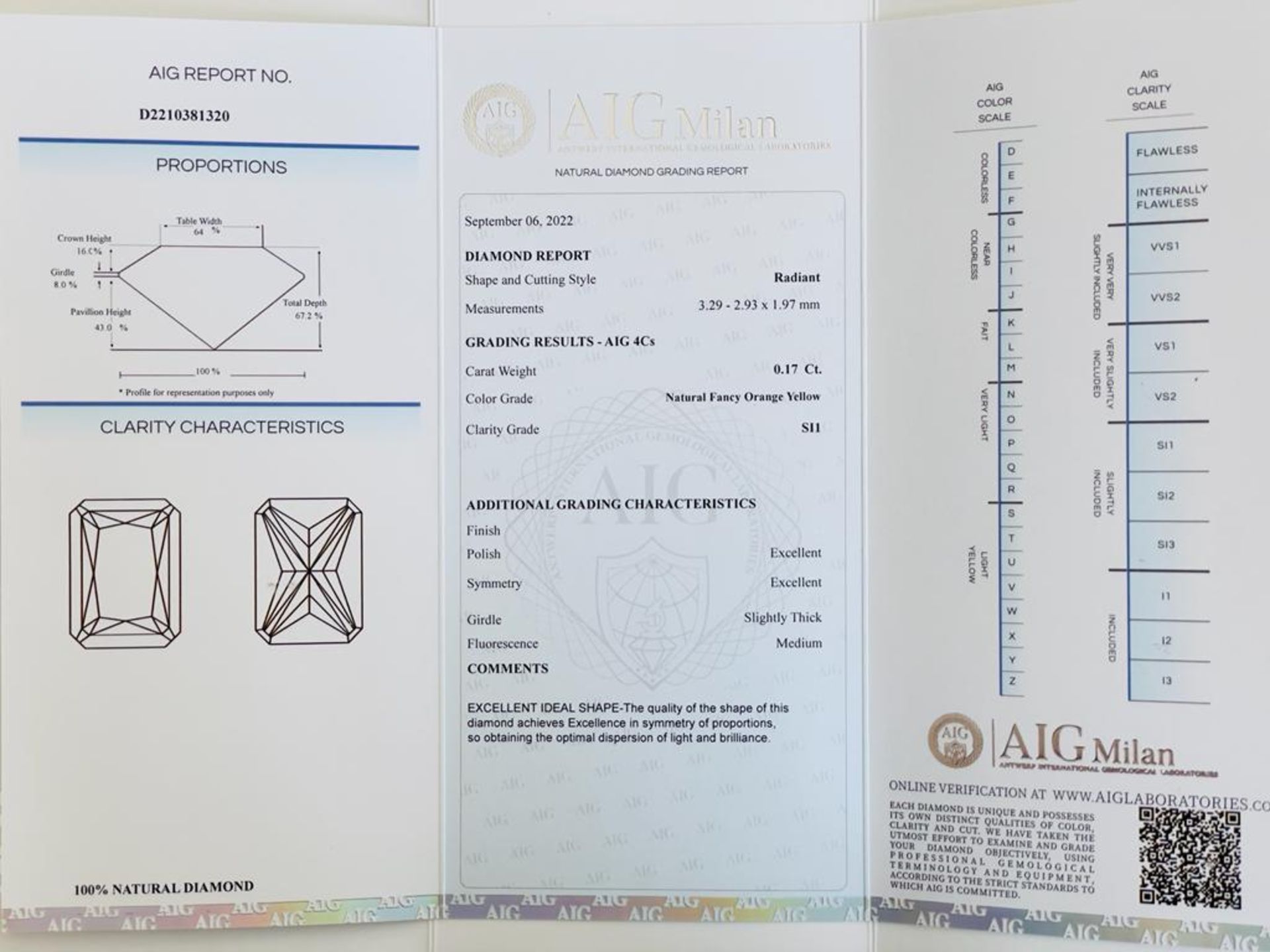 1 DIAMOND 0,17 CT N.F ORANGY YELLOW - SI1 - SHAPE RADIANT - CERTIFICATION AIG - F20901-18 - Image 2 of 5