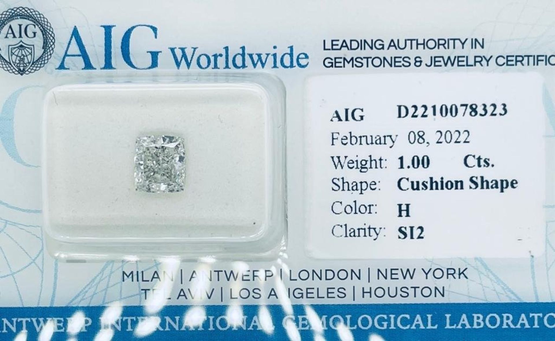 1 DIAMOND 1 CT H - SI2 - SHAPE CUSHION - CERTIFICATION AIG - C20204