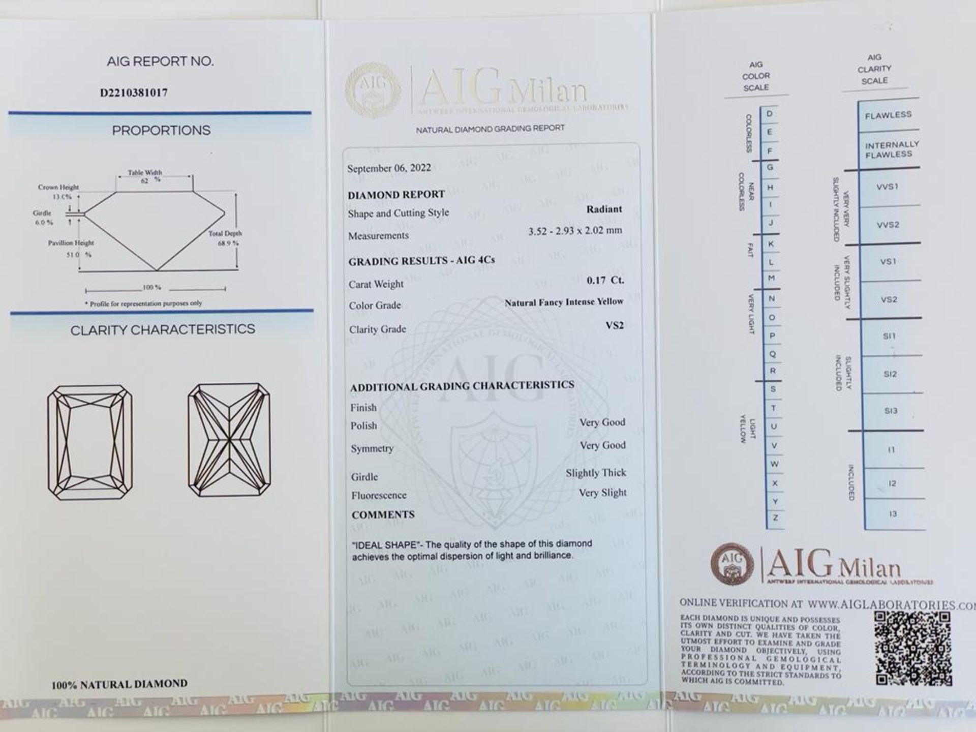 1 DIAMOND 0,17 CT N.F.INTENSE YELLOW - VS2 - SHAPE RADIANT - CERTIFICATION AIG - F20901-16 - Image 2 of 5