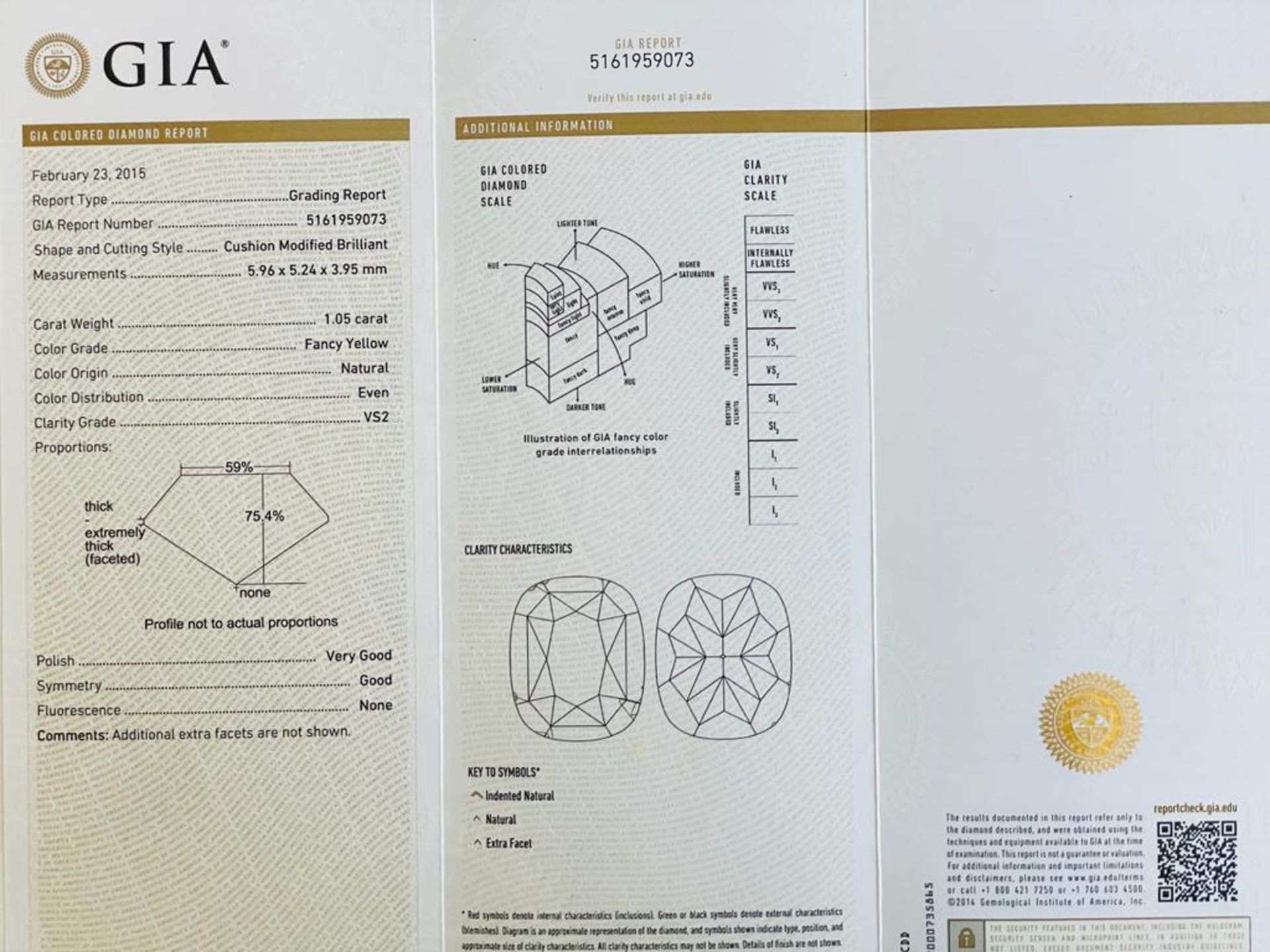 1 DIAMOND 1,05 CT N.F.YELLOW EVEN - VS2 - SHAPE CUSHION - CERTIFICATION GIA - AM20716 - Image 2 of 5