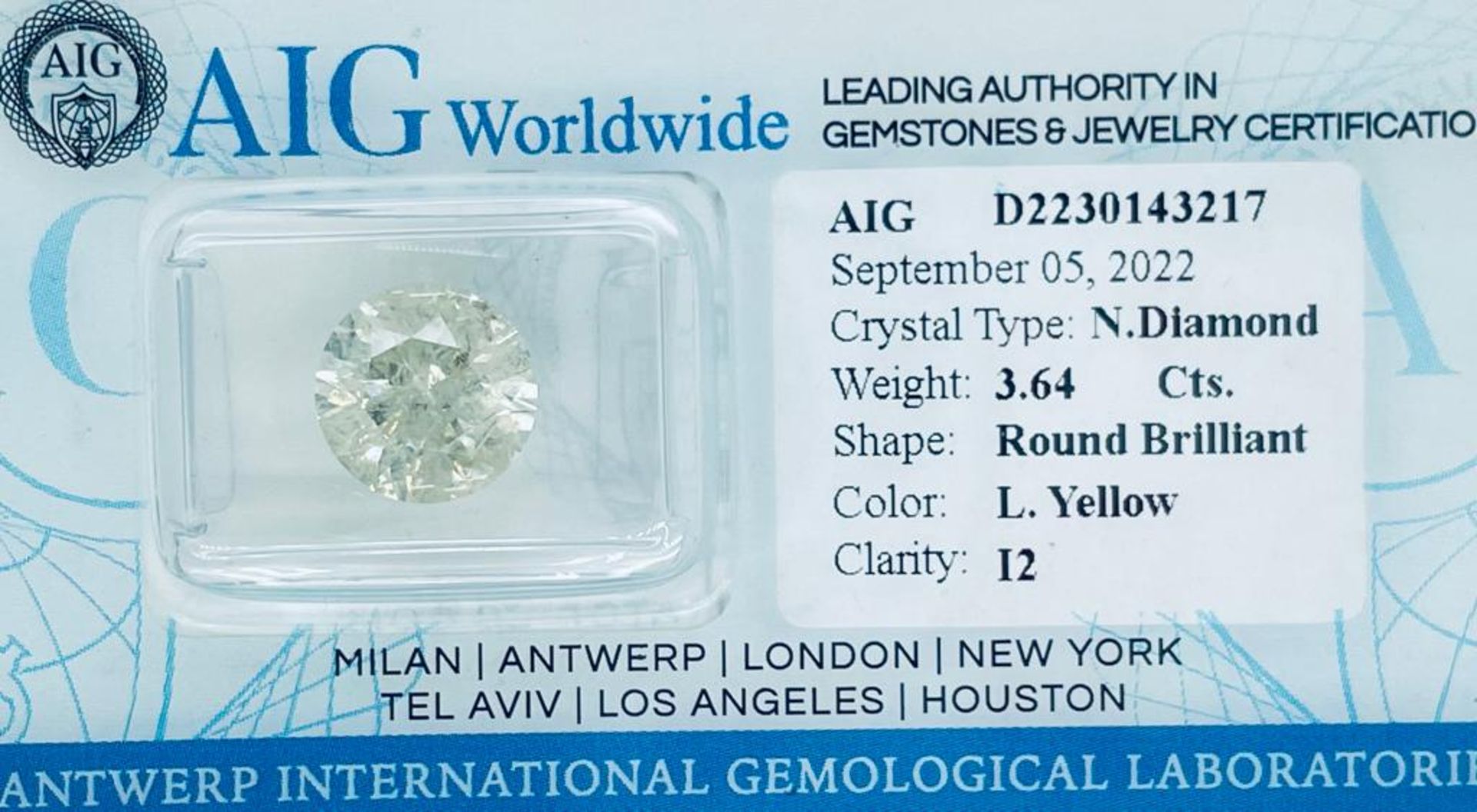 1 DIAMOND 3,64 CT LIGHT YELLOW - I2 - SHAPE BRILLANT - CERTIFICATION AIG - C20902