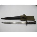 British Lee Metford Mk1 bayonet in leather scabbard stamped Sanderson, 1892 with Broad Arrow stamp