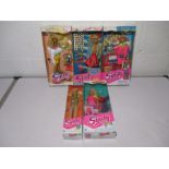 A collection of five boxed vintage Hasbro Sindy dolls, including Rainbow, Denim Dazzle, Hot