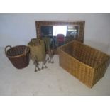 An assortment of baskets, with a similarly framed mirror. Plus three metal geese.