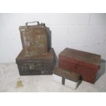 Three vintage metal boxes, one has P G Westlake on the front and 2336 on side, plus a Shell Mex BP