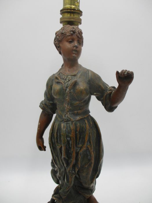 A spelter lamp after Rousseau "Faneuse" along with a pair of brass candlesticks - Image 3 of 8