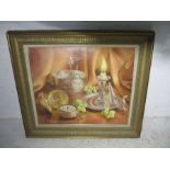 A still life on canvas signed Rosa Branson, 1985 of silverware, pocket watch etc. in gilt frame