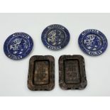 Three turn of the century blue and white "Yorkshire Relish" plates along with two handmade copper