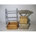 A painted plant stand, a modern wooden butlers tray with additional smaller trays and four baskets.