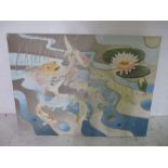 A large two sided painting on board- one side depicting koi carp, the other a heraldic lion and
